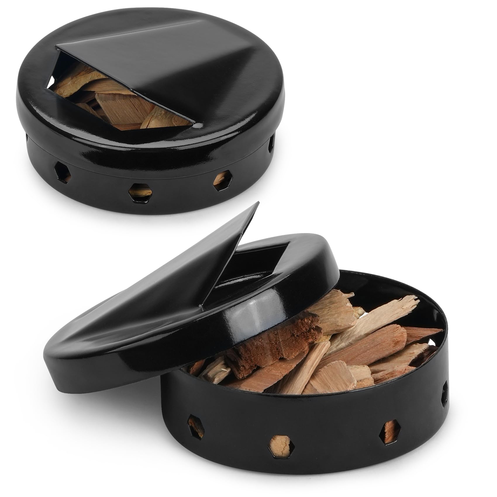 Onlyfire Wood Chip Smoker Box, 2 Pcs BBQ Smoker Box with Lid for Charcoal & Propane Gas Grill, Black