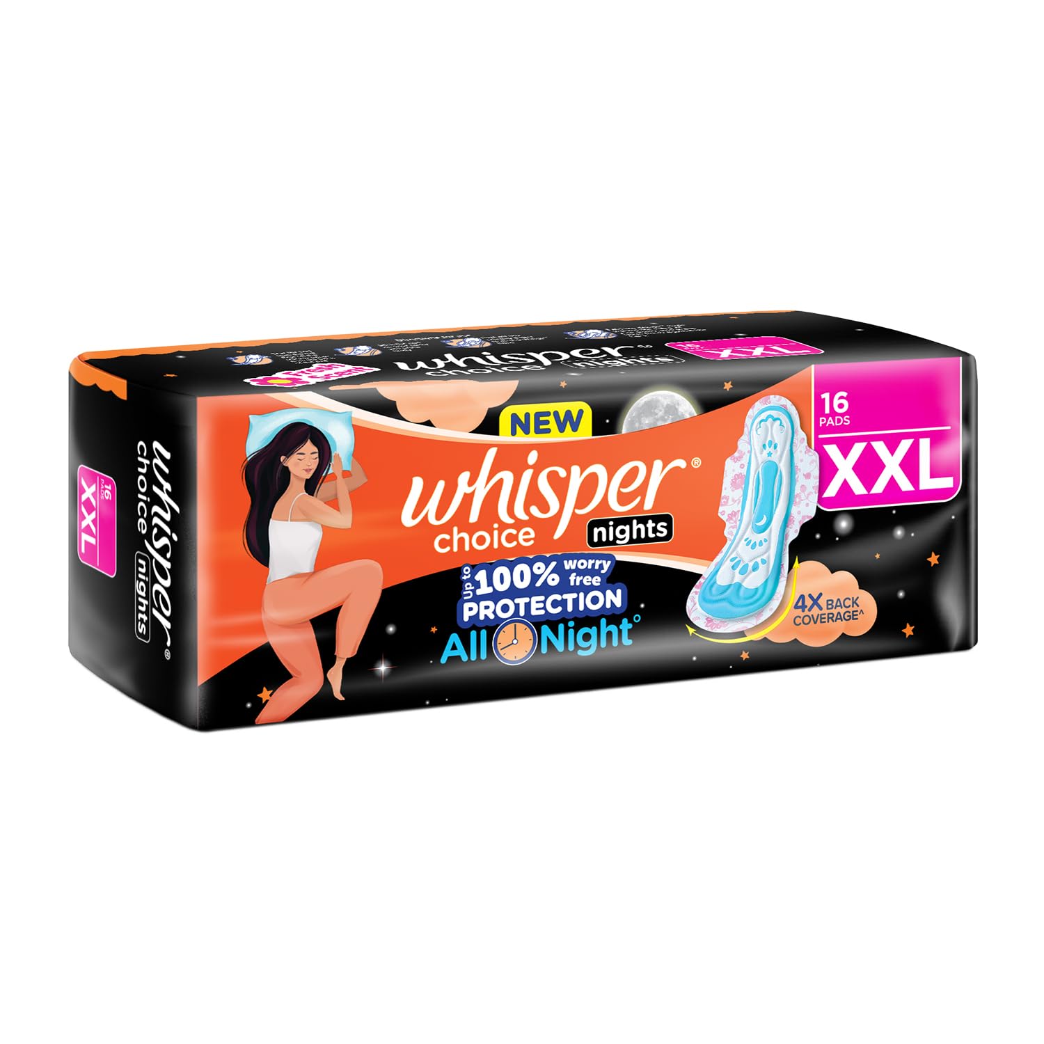 Whisper Choice Nights, 16 XXL Pads, Gives Up to 100% worry-free protection all night** with 4x back coverage 1