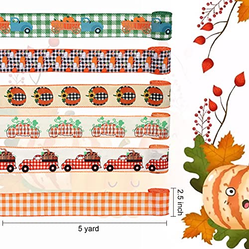 6 Rolls 30 Yard Autumn Burlap Ribbon, Wire Edge Fall Ribbon with Pumpkin Pattern Harvest Theme Ribbon Thanksgiving Home Decoration for Making Wreath Bows Wrap Gift - Thumbnail 2