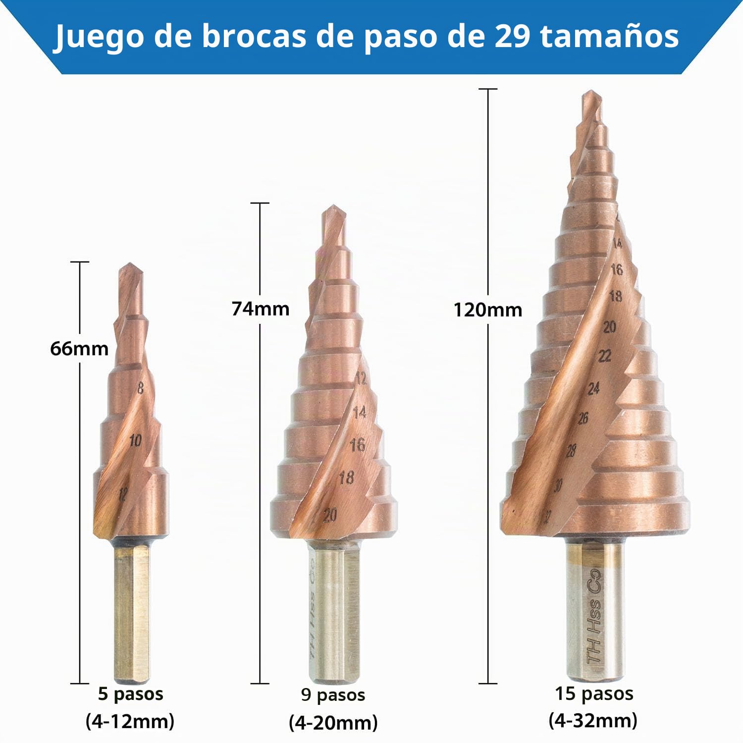 TJR Juego de brocas escalonadas HSS-E M35, 3 piezas, ranura de 2 espirales con un total de 29 tamaños para una perforación más rápida en acero inoxidable, metales no ferrosos, madera y plásticos