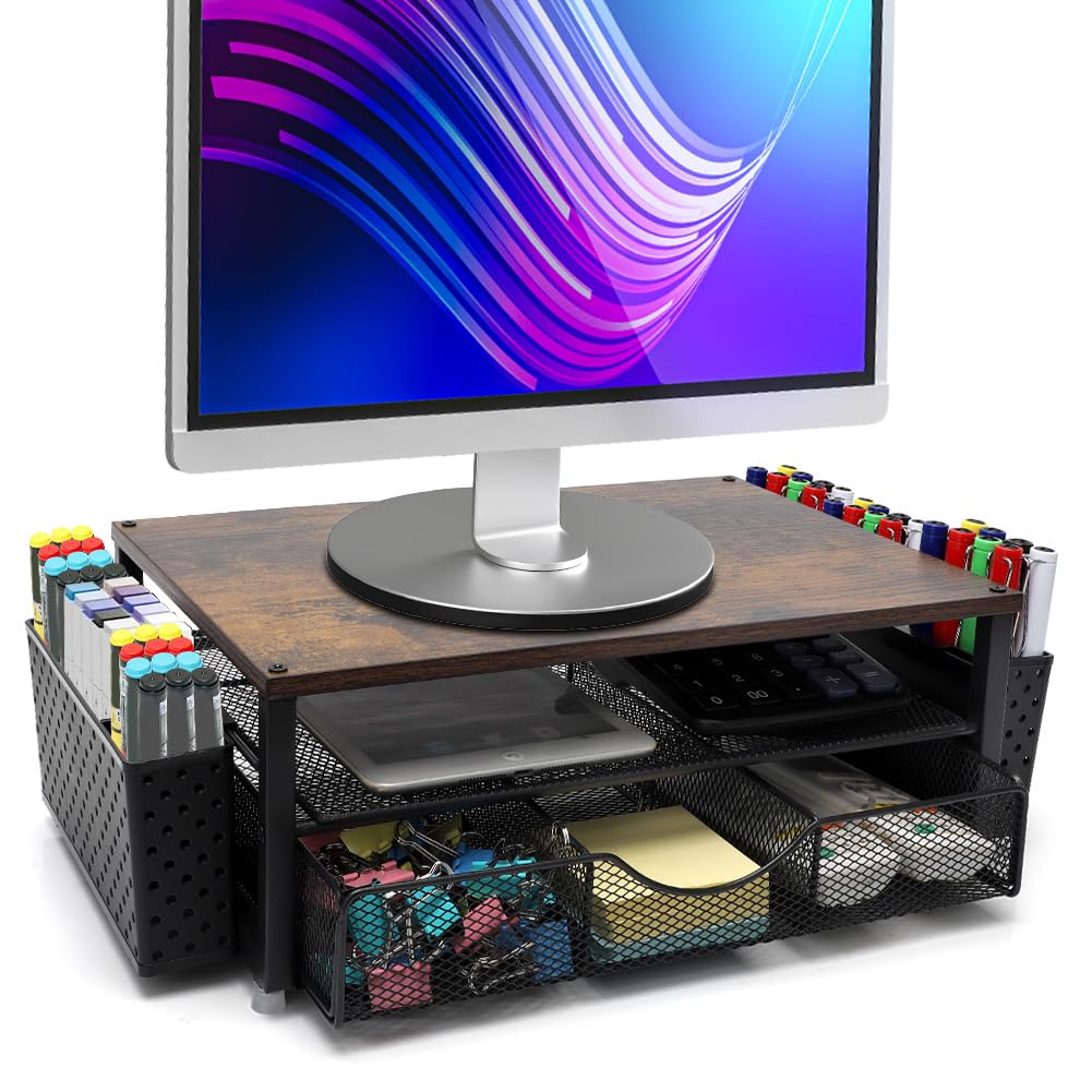 Support de moniteur, organisateur de bureau avec tiroir et 2 porte-stylos, support de rangement, rehausseur d'écran pour bureau, maison