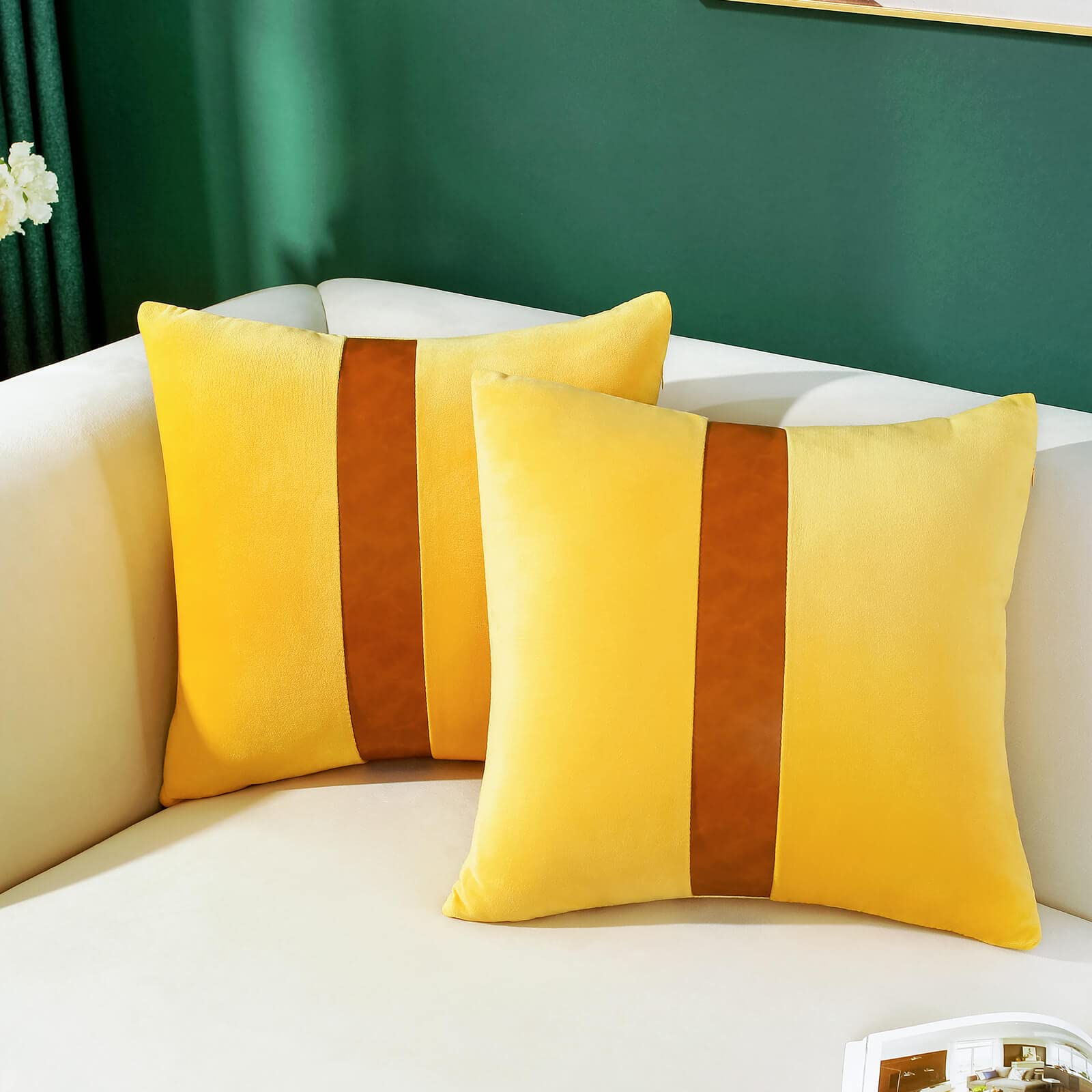 Photo 1 of *COVERS ONLY* AmHoo Pack of 2 Patchwork Velvet Throw Pillow Covers Brown Faux Leather Decorative Set Case Cushion for Couch Sofa Bedroom 20 x 20-Inch Yellow