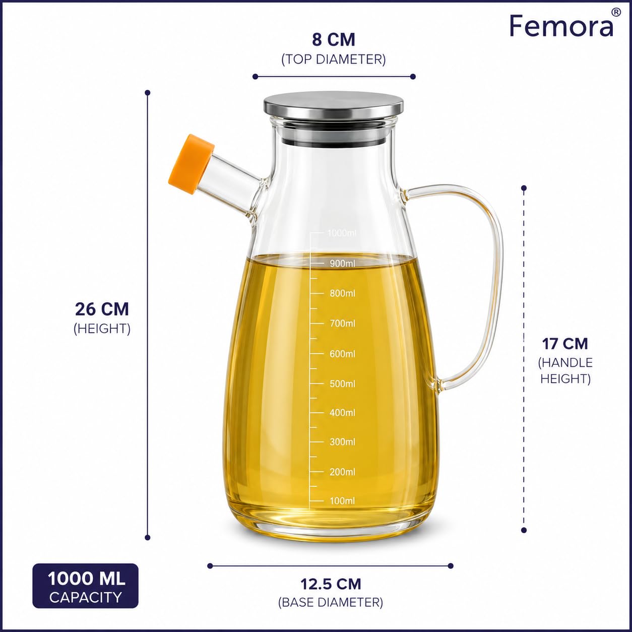Femora 1000ml Glass Oil Dispenser with Leakproof Lid | High Borosilicate Glass Construction | Kitchen Jar with Capacity Markings | Leak-Resistant Jar for Oil, Soy Sauce, Vinegar & Seasonings
