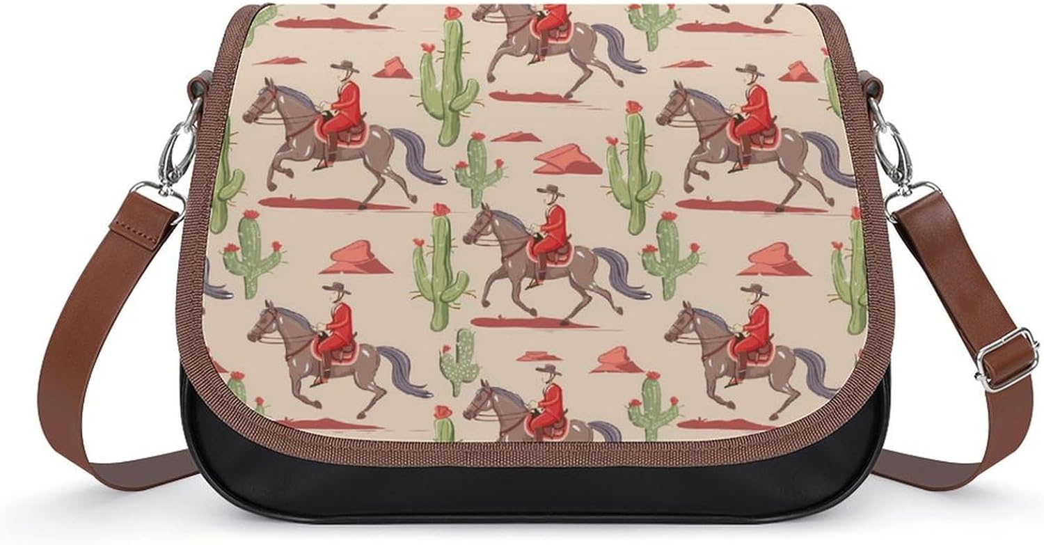 Riding Horse in Wild Tropical Cactus Messenger Bag for Women PU Leather Crossbody Bags Shoulder Handbags Purse