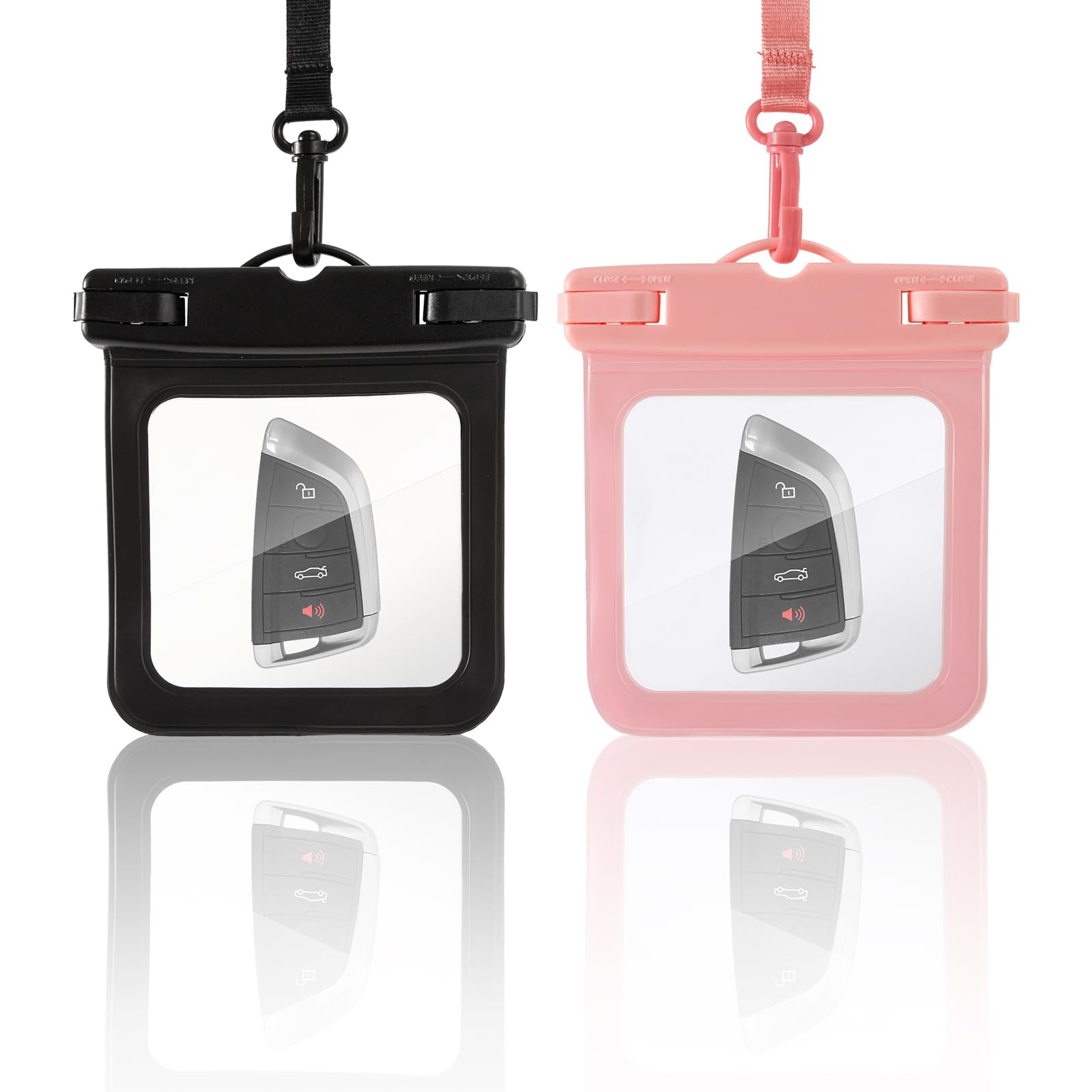 2 Pack Waterproof Key Pouch for Swimming,Waterproof Pouch Wallet with D Buckle and Lanyard for Credit Card ID Entry Remote Badge Cash Driver License Water Sports (Black Pink)