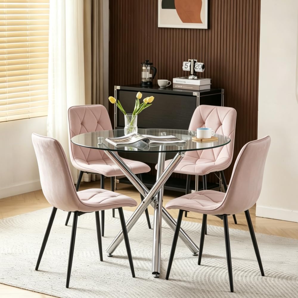 Pantanal 90cm Round Glass Dining Table and Pink Velvet Chairs Set of 4, Modern 5 Pieces Compact Kitchen Table with 4 Elegant Argyle Grid Chairs for Dinette Restaurant Small Space โ image 1