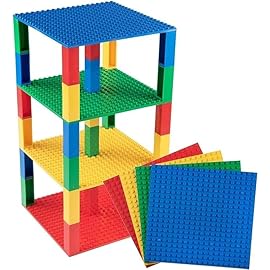 Strictly Briks Stackable Baseplates - Compatible with Lego, 6 x 6 in Baseplates for Buidling Blocks, Display Tower, Expand Vertical Builds, 4 Baseplates & 30 Stakcers, Kids, Multicolor