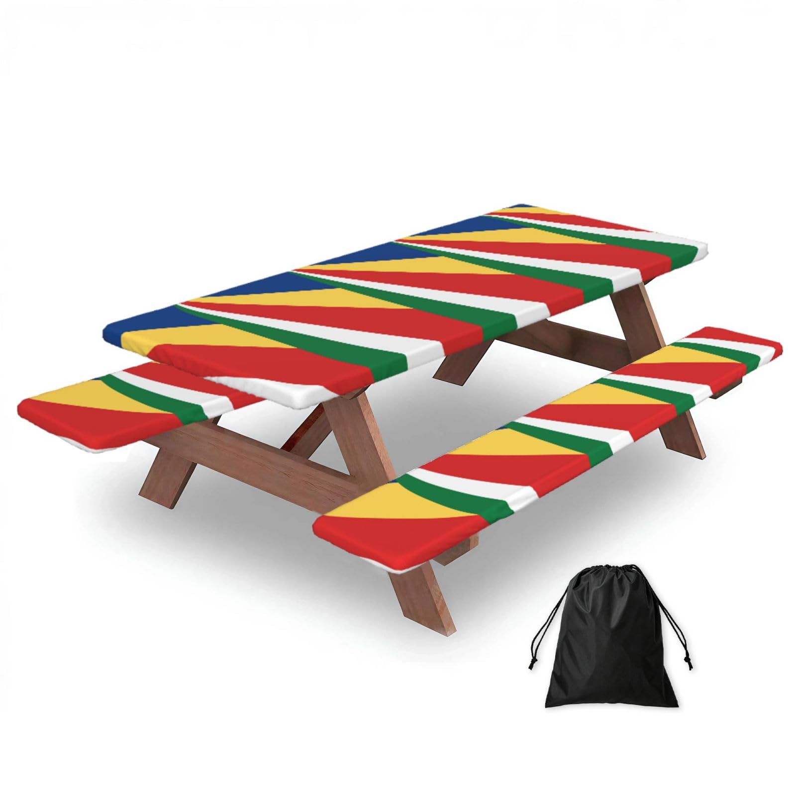 Hhbiuuo Black 72In Camping Table Cover & Bench Covers 3-Pack Set, Flag Of Seychelles Print Tablecloths, For Rectangle Tables Picnic