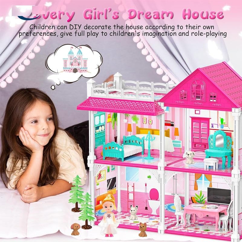 Image of Princess Doll House Building DIY Accessories, Furniture Pretend Play Gift Toys for 3 to 10 Year Old Girls Gify, Doll House Set for Girls, Doll House with 2-Story 4 Rooms, Kitchen & Furniture Set