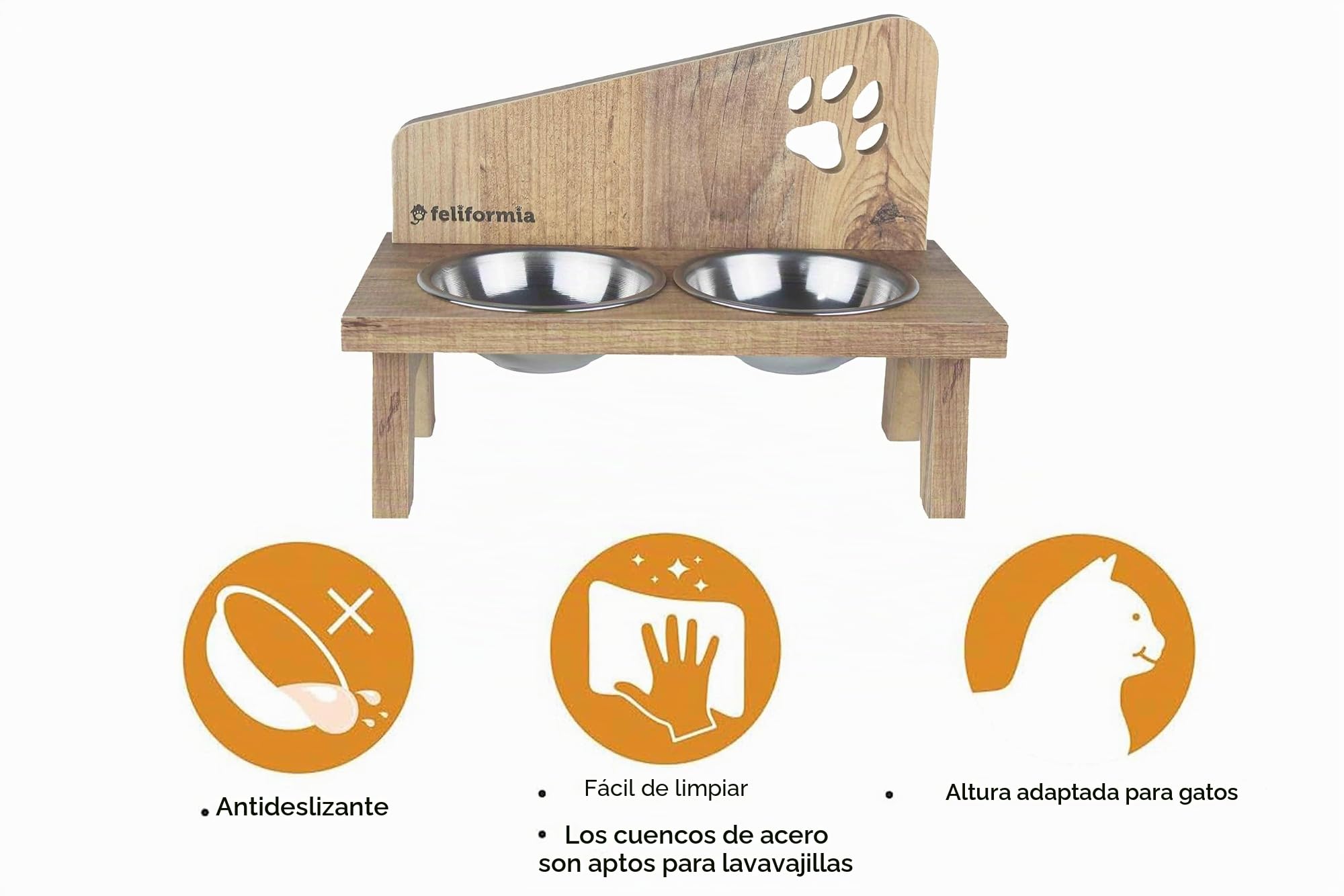 Feliformia® - Cuenco para gatos (600 ml, soporte de madera, con dos cuencos, acero inoxidable)