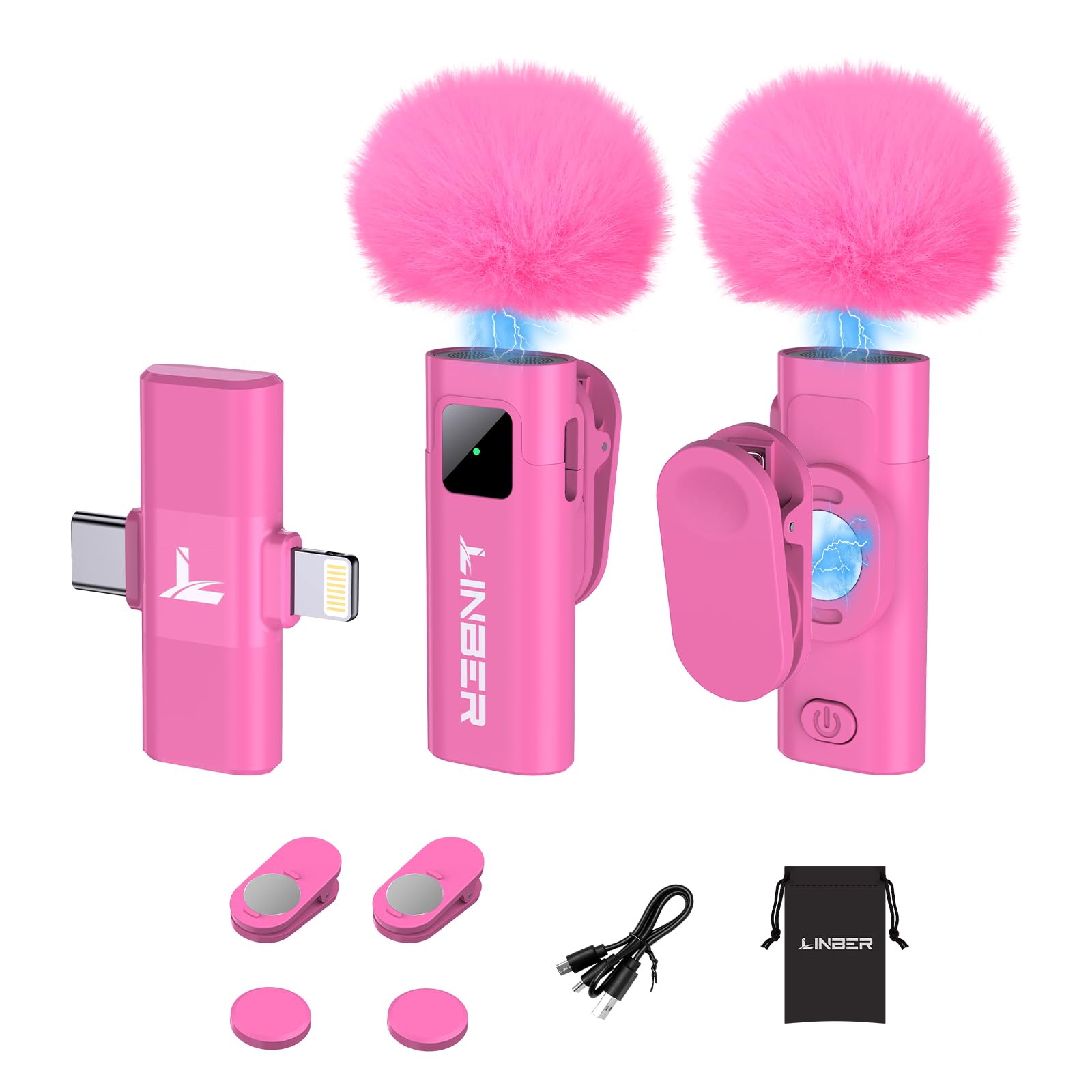 Wireless Lavalier Microphone for iPhone/Android, A3 Magnetic Mic with AI Noise Cancellation, Dual Lightning/USB-C Receiver, Magnetic Clip&Magnet, 65FT, Lapel Mic for Vlogging Recording (Pink) Pink A3 (2TX+1RX)