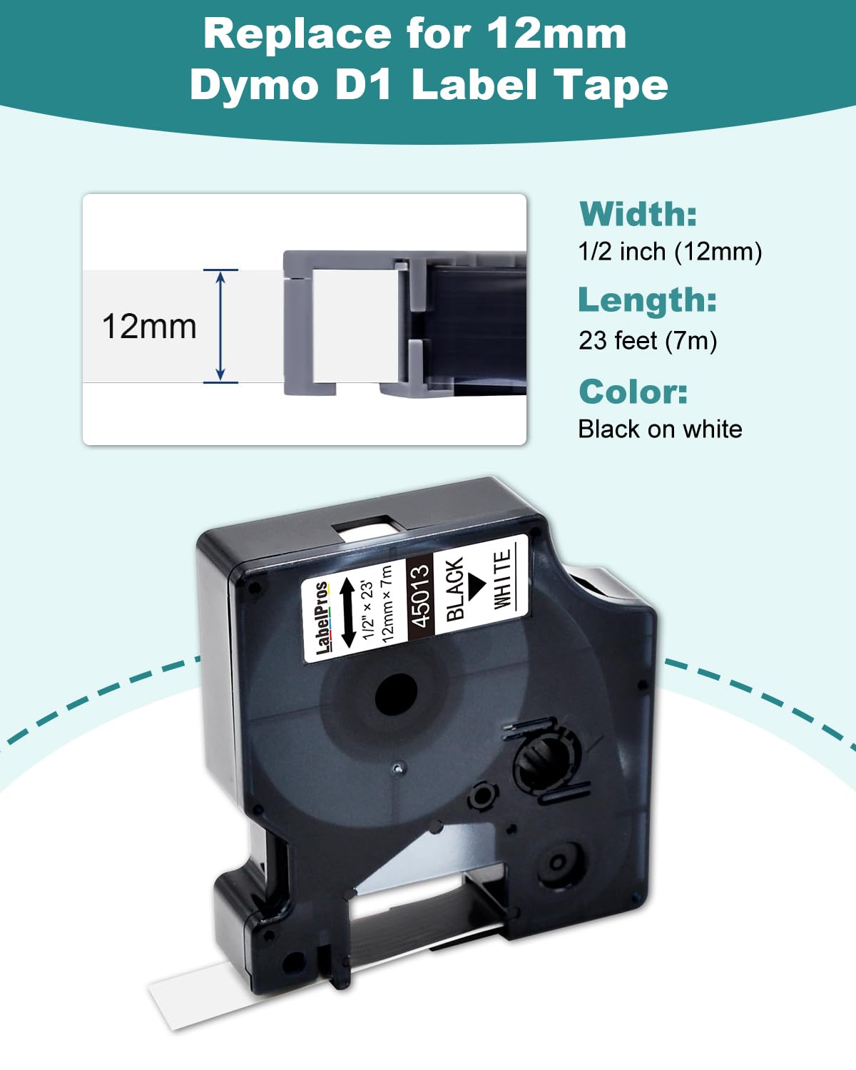 Nastro per etichette DYMO D1 compatibile 45013, confezione da 10 ricariche nero su bianco, 12 mm x 7 m, ricambio per D1 45013 S0720530, compatibile con LabelManager 160 280 420P 500TS