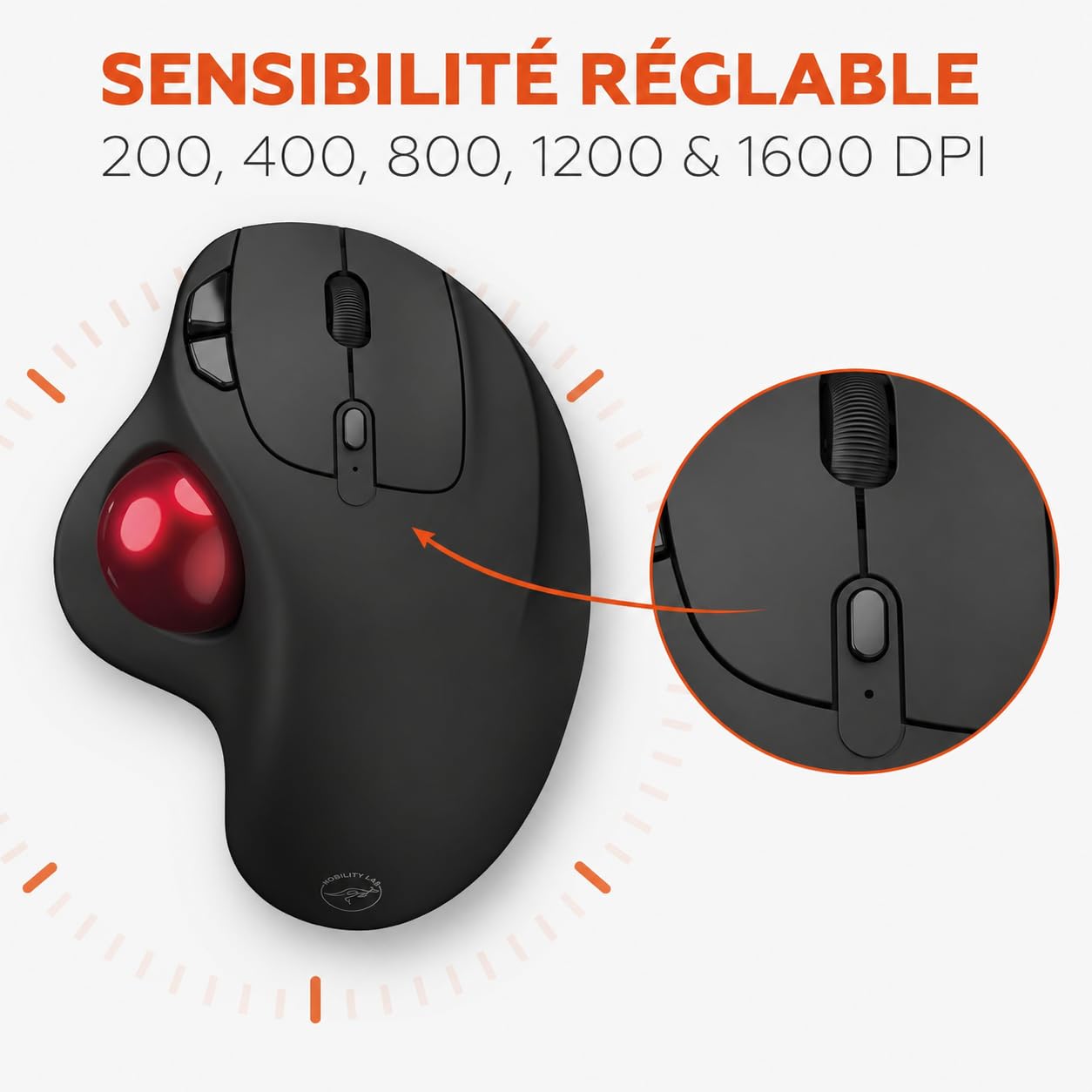 Mobility Lab Souris Trackball Ergonomique sans Fil - Confort Maximal, Réduit Fatigue - Double Connexion USB/USB-C, Boutons Rapides - Compatible PC, Mac, Gaming, Bureautique