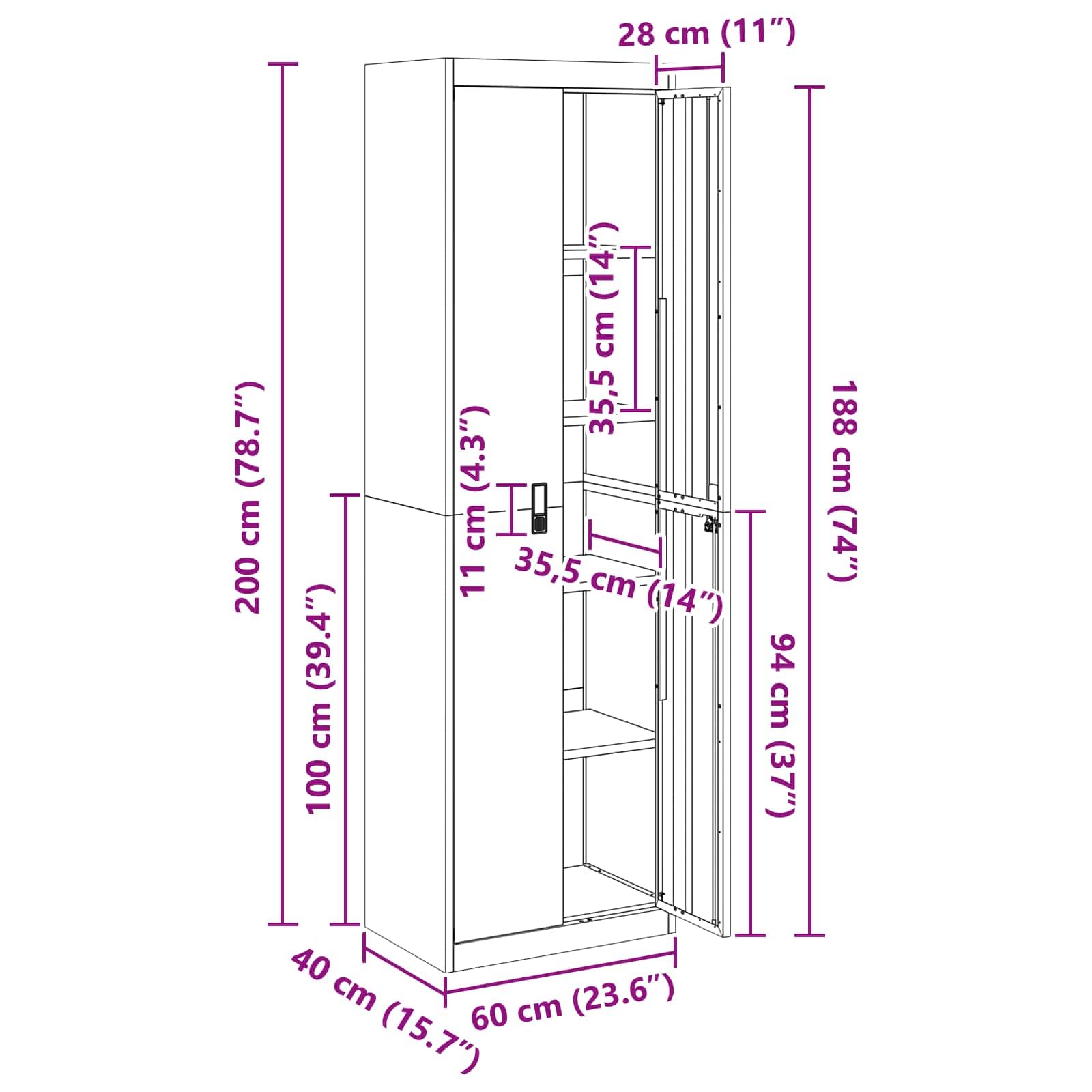 vidaXL Aufbewahrungsschrank Weiß 60 x 40 x 200 cm Stahl, Industrieller moderner Büroschrank, freistehende abschließbare Aufbewahrungslösung, robuster Stahl-Organizer, geräumige und sichere Einheit
