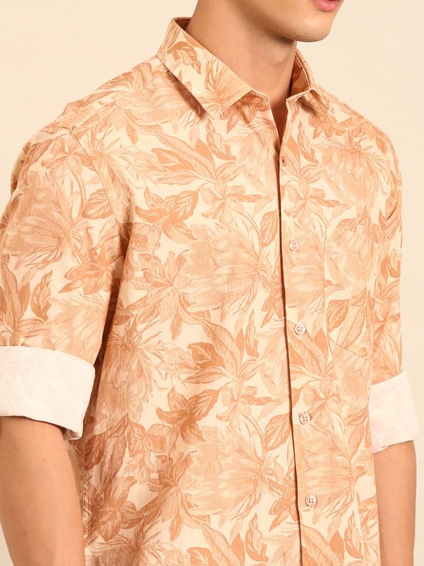 Image of Cavallo by Linen Club Men's Blended Linen Red Printed Contemporary Fit Full Sleeve Casual Shirt