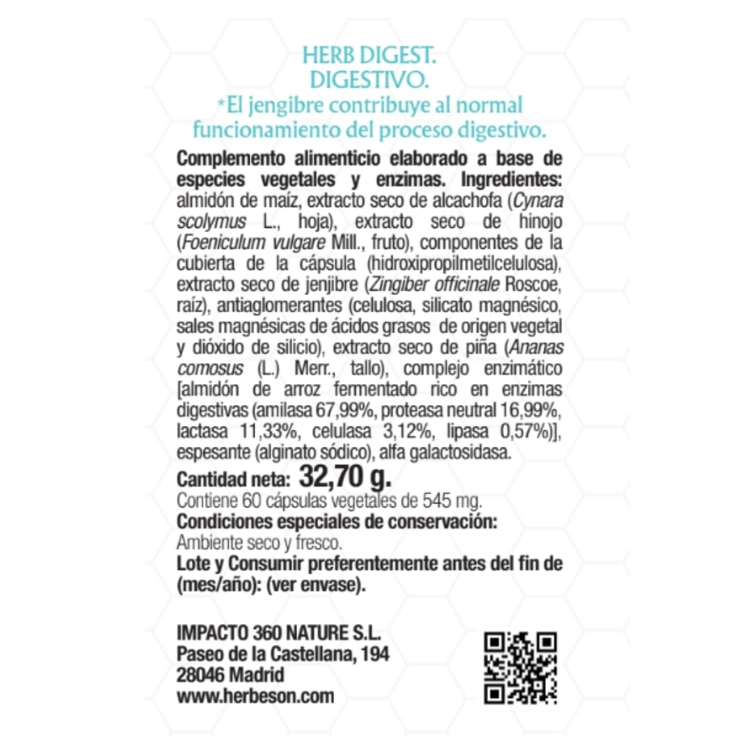 Confort digestivo y vientre plano con Alcachofa, Hinojo y Jengibre – HERBESON HERB DIGEST | Complemento vegano sin gluten con enzimas digestivas y Piña – 60 cápsulas (60)
