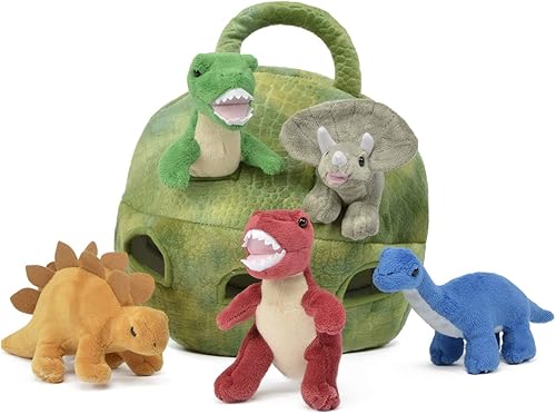 Casa de dinosaurios de peluche con cinco peluches de dinosaurios dentro