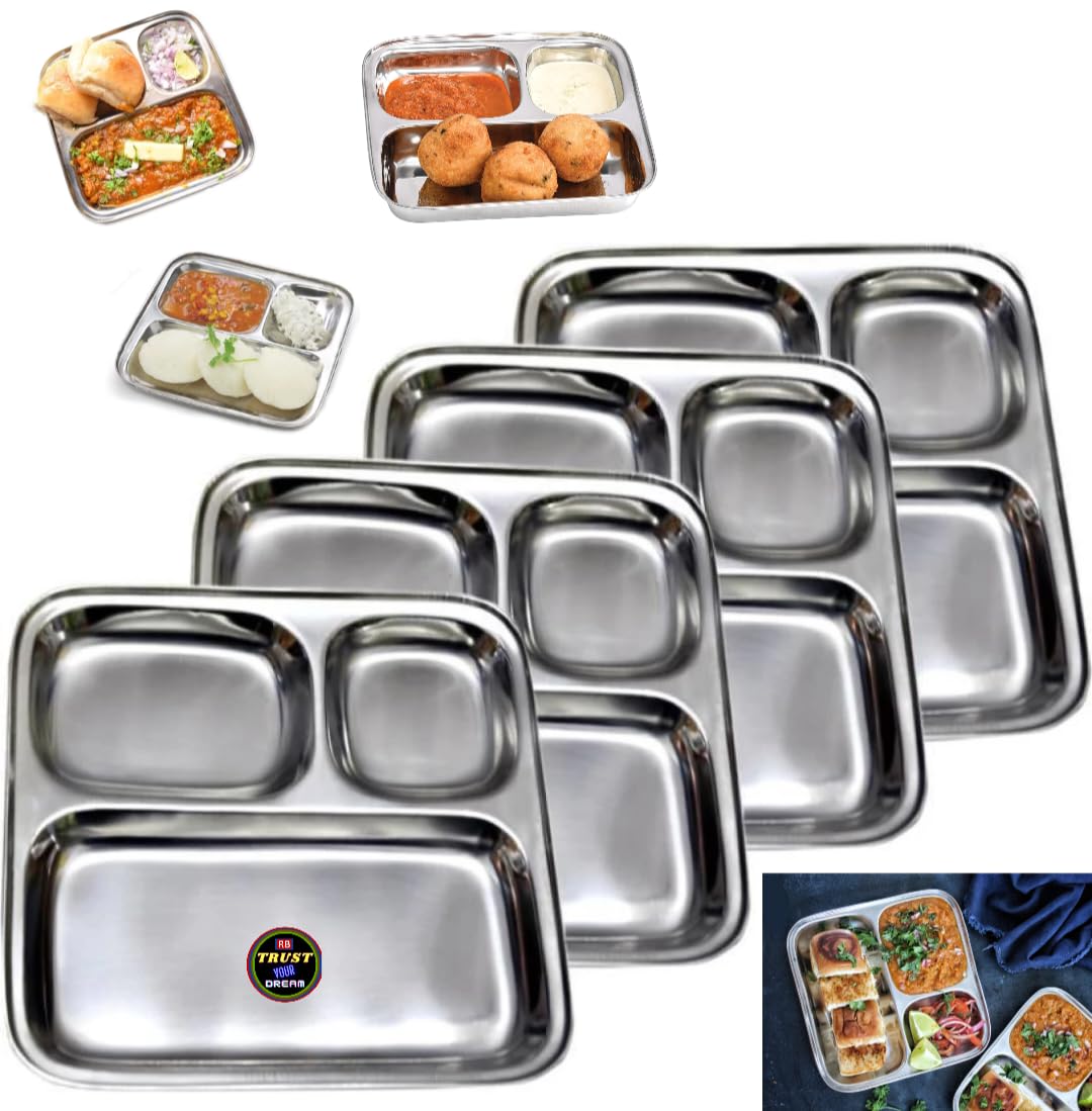 3In1 Stainless Steel Plates with Compartments/Tiffin Plates/Idli Sambhar Plates/Partition Plates/Breakfast Plate/Steel Plates for Lunch/Dinner ss Utensils (Pack of 4pc)