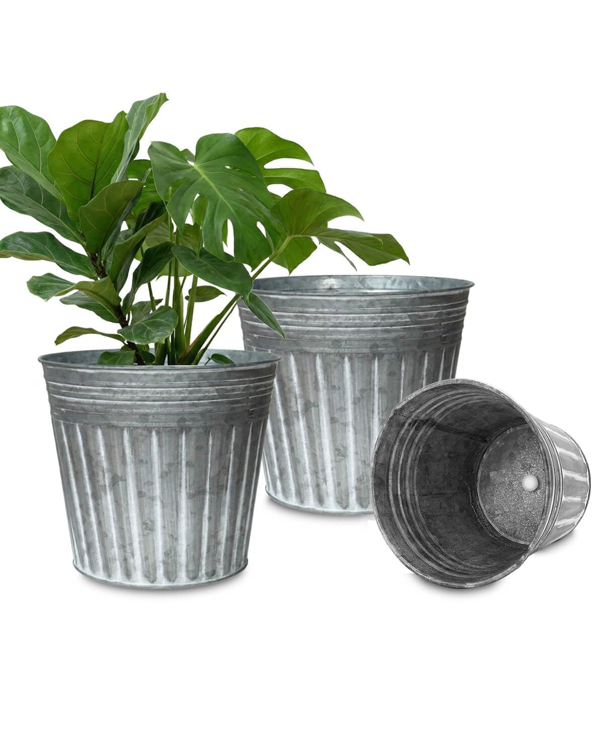 vensovo 11 Inches Silver Metal Rustic Plant Pots - 3 Pcs Large Galvanized Planters with Drain Hole and Rubber Plug, Rustproof Tin Bucket Flowerpot for