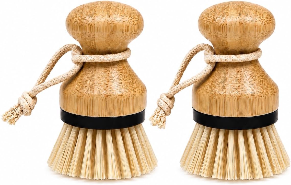 Kitchen Simple Bamboo Palm Brush Set, 2 Pack Dish Scrub Brushes for Pots, Pans, Dishes, Sink & Vegetable Cleaning, Durable Bristles, Bamboo Handle, Black Accent & Cotton Hanging Loop
