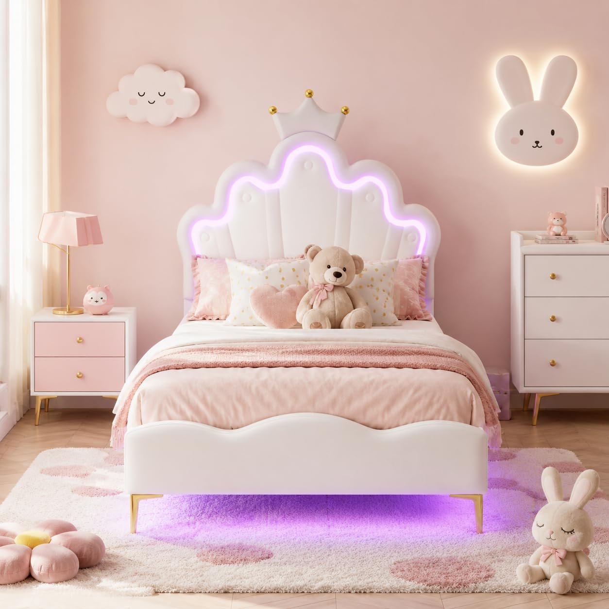 Cama infantil tapizada de 90 x 190 cm con iluminación LED, cama individual con cabecero ajustable en forma de nube con corona, marco de cama para niña con somier, sin colchón, poliuretano