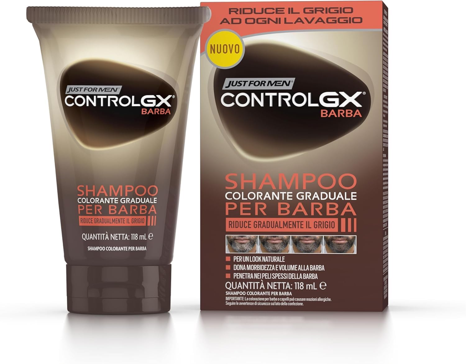 Just For Men Control GX Shampoo Per Barba, Anti-Grigio Graduale Uomo, Riduce Gradualmente il grigio, Per Un Look Naturale e discreto, 118 ml