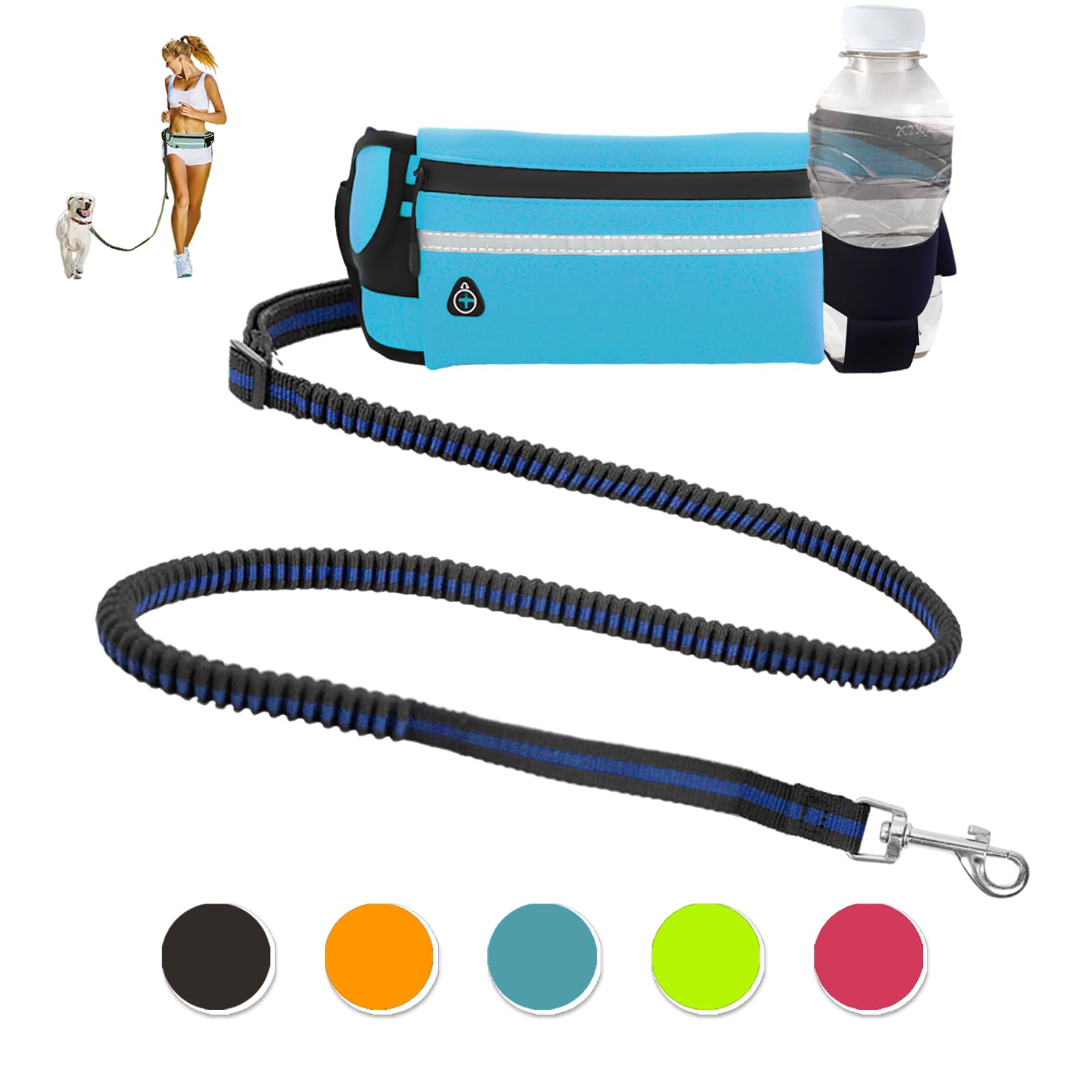 ZIHHO Hands Free Leash for Pet,Blue Dogs Leash Hands Free with Waterproof Zipper Pouch Large Dogs Reflective Durable Adjustable Waist Belt with Bungee for Dog Training Running Jogging Hiking