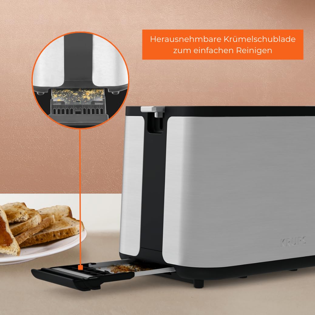 Krups KH442D Control Line Premium Toaster, Edelstahl, 2 kurze Schlitze für 2 Scheiben, Brötchenaufsatz, 6 Bräunungsgrade, 850 W, 23.6 x 32.4 x 20.2 cm, Silber/ Schwarz