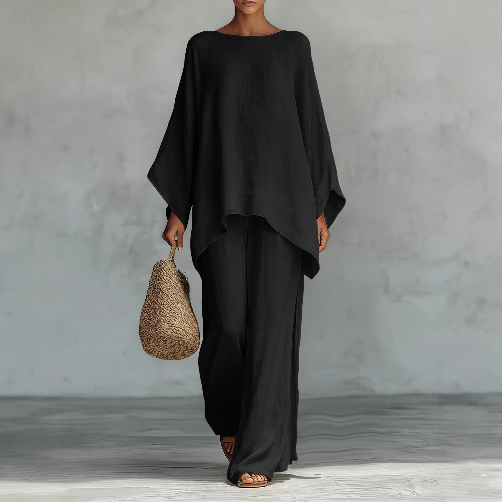 Générique Ensemble 2 pièces femme, haut manches longues uni en lin coton, pantalon large fluide, coupe décontractée design