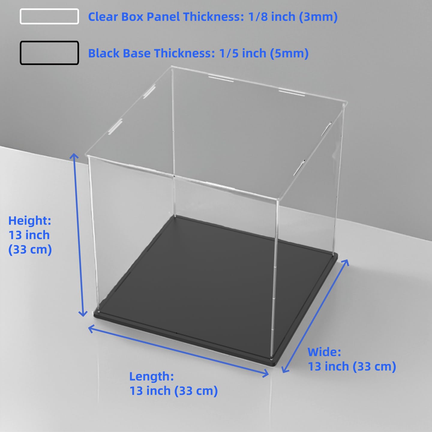 Vitrina acrílica con Base Negra Mate y Tapa, Caja acrílica a Prueba de Polvo, Caja Plana para Figuras, Juguetes y coleccionables (33 x 33 x 33 cm)