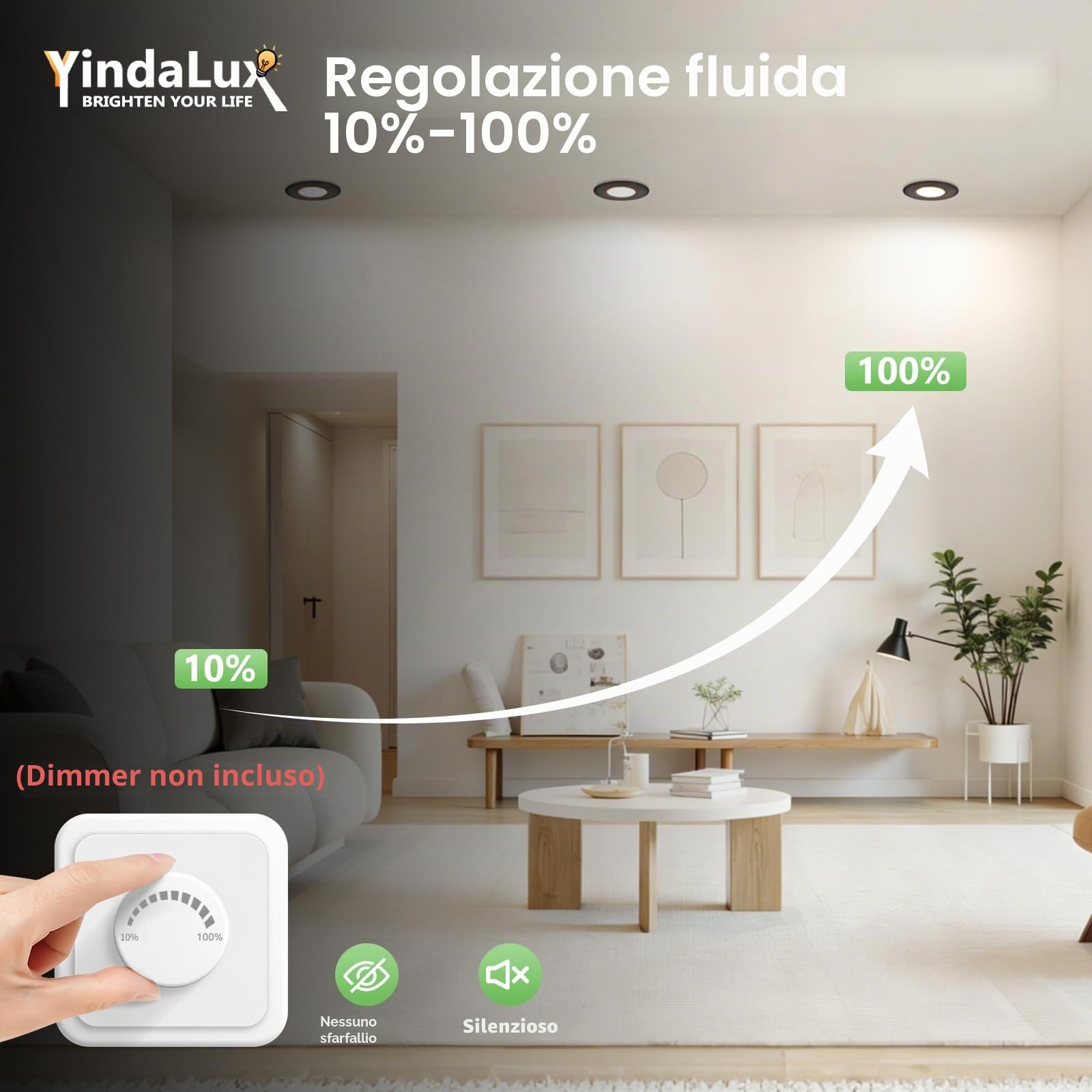 YindaLux Faretto LED da incasso 230V Dimmerabile 5W IP44 Ultrasottile, Foro incasso 68-80 mm, 3000K/4000K/6000K, Orientabile 45°, Faretti da soffitto per Bagno Cucina Nero, Set da 6