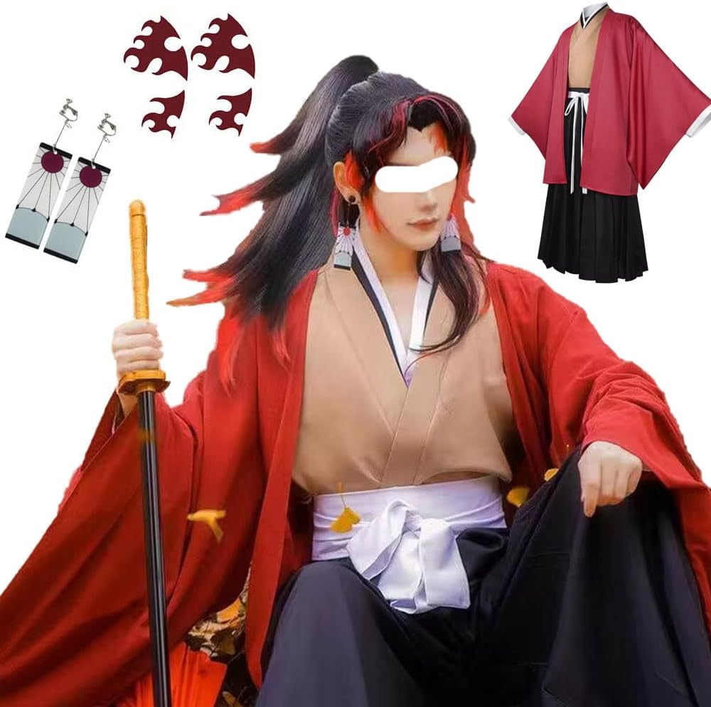 Tsugikuni Yoriichi Cosplay,Tsugikuni Yoriichi Kimono Costume Tsugikuni Outfit Red Robe Uniform Halloween