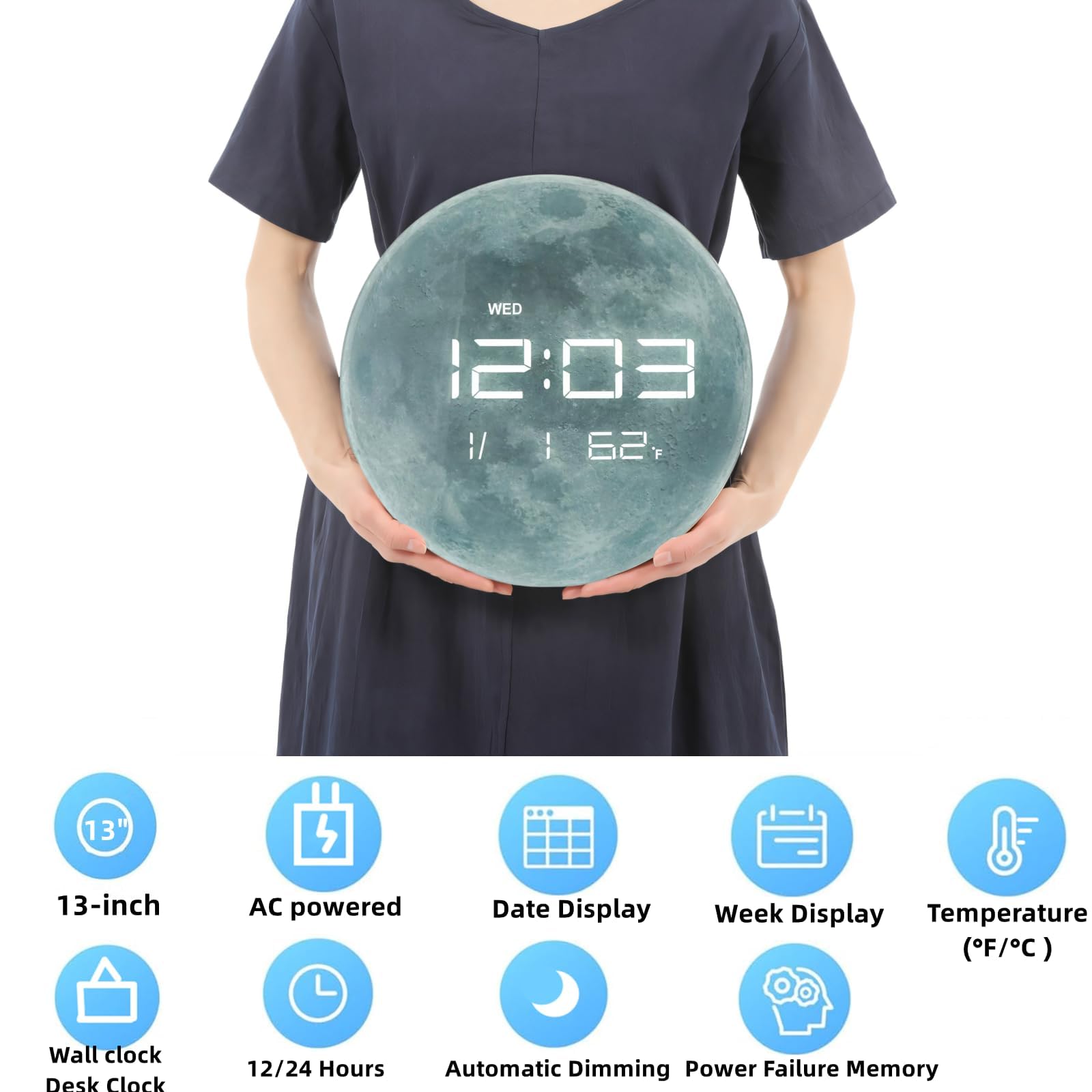 Nbdeal HUI-7851 Horloge murale numérique 13" avec affichage LED, calendrier et température, gradation automatique, format 12/24 heures, utilisation murale et bureau