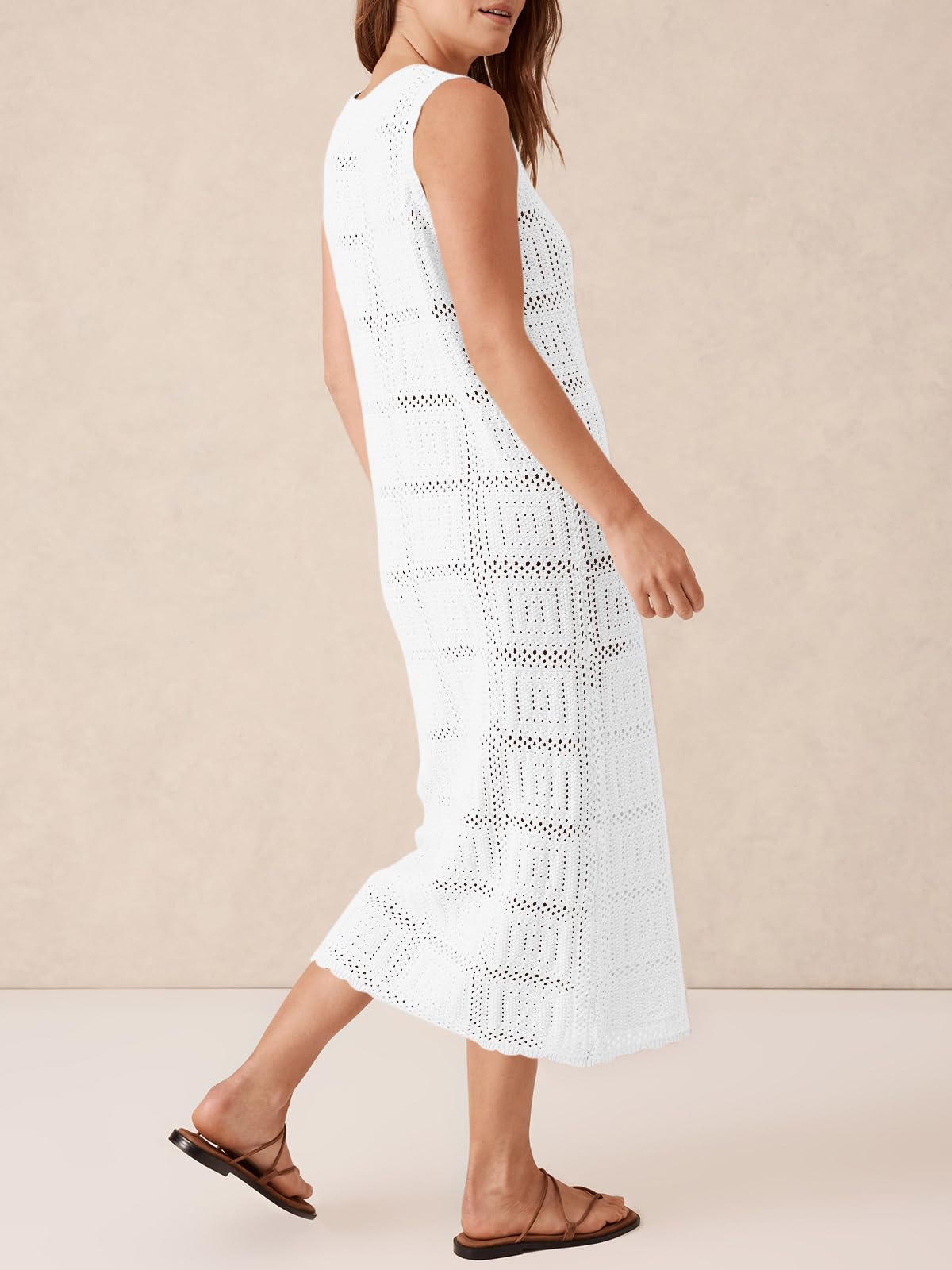 Fisoew Vestido de ganchillo sin mangas para mujer, casual, cuello en V, bohemio, de punto, para playa, vacaciones, por debajo de la rodilla
