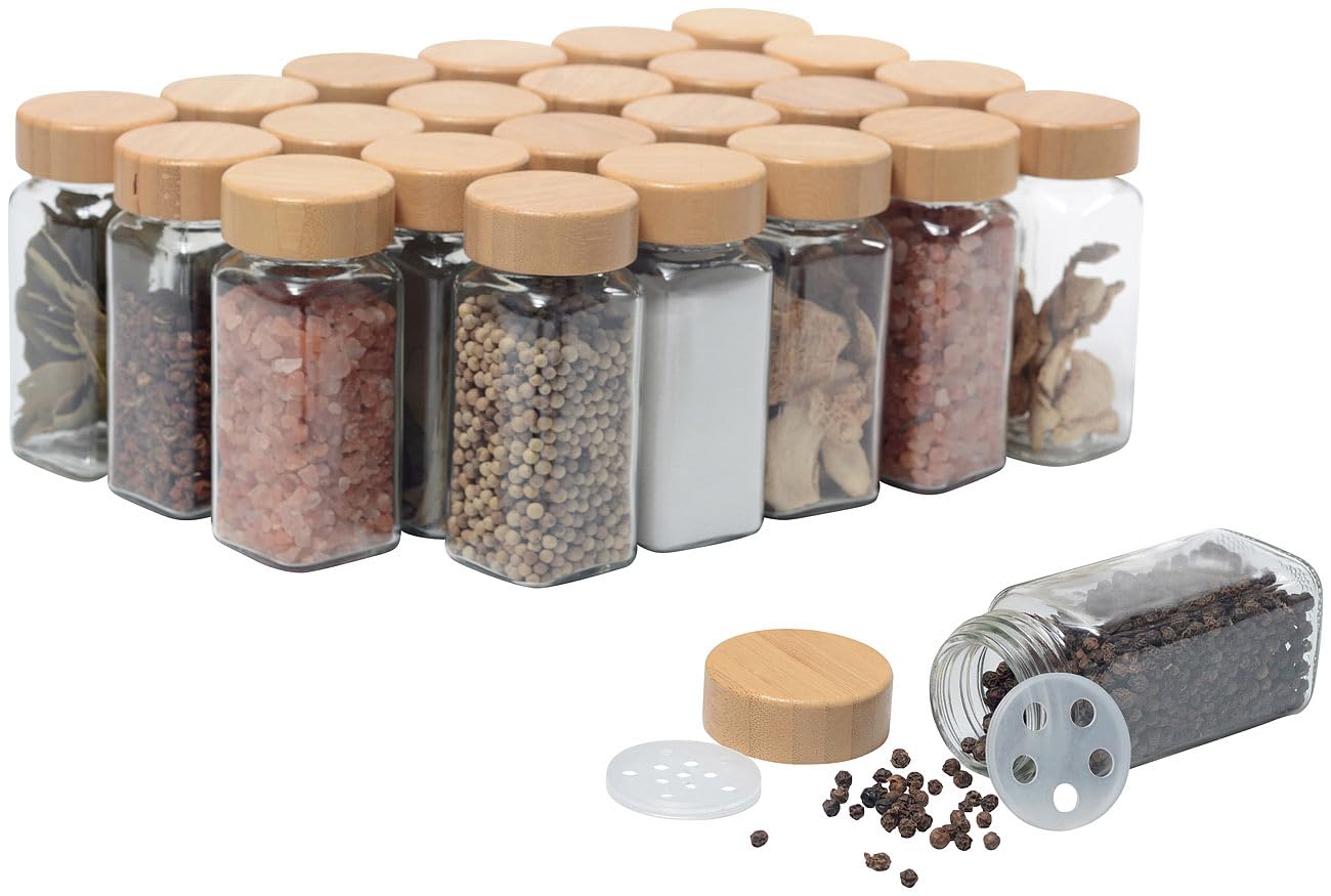 Rosenstein & Söhne Gewürzgläser für Küchen: 48er-Set Gewürzgläser mit Bambusdeckel, je 120 ml, 480 Etiketten (mit Streueinsätzen, mit Streueinsatz Sets)