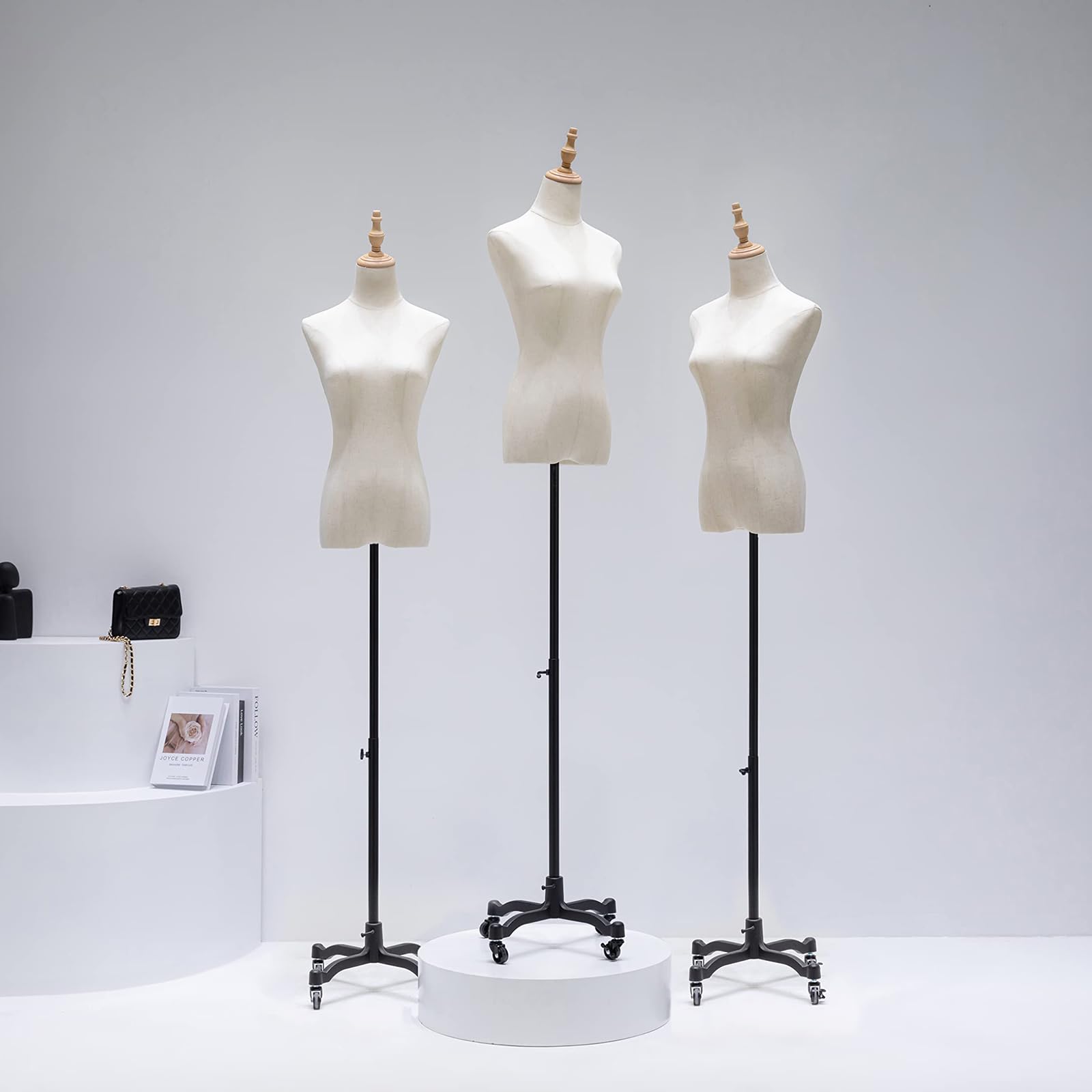 Mannequin busto da donna, altezza regolabile 130-190 cm, modello manichino con base mobile in metallo, per abbigliamento, abbigliamento, gioielli, cucito, senza testa e braccioli
