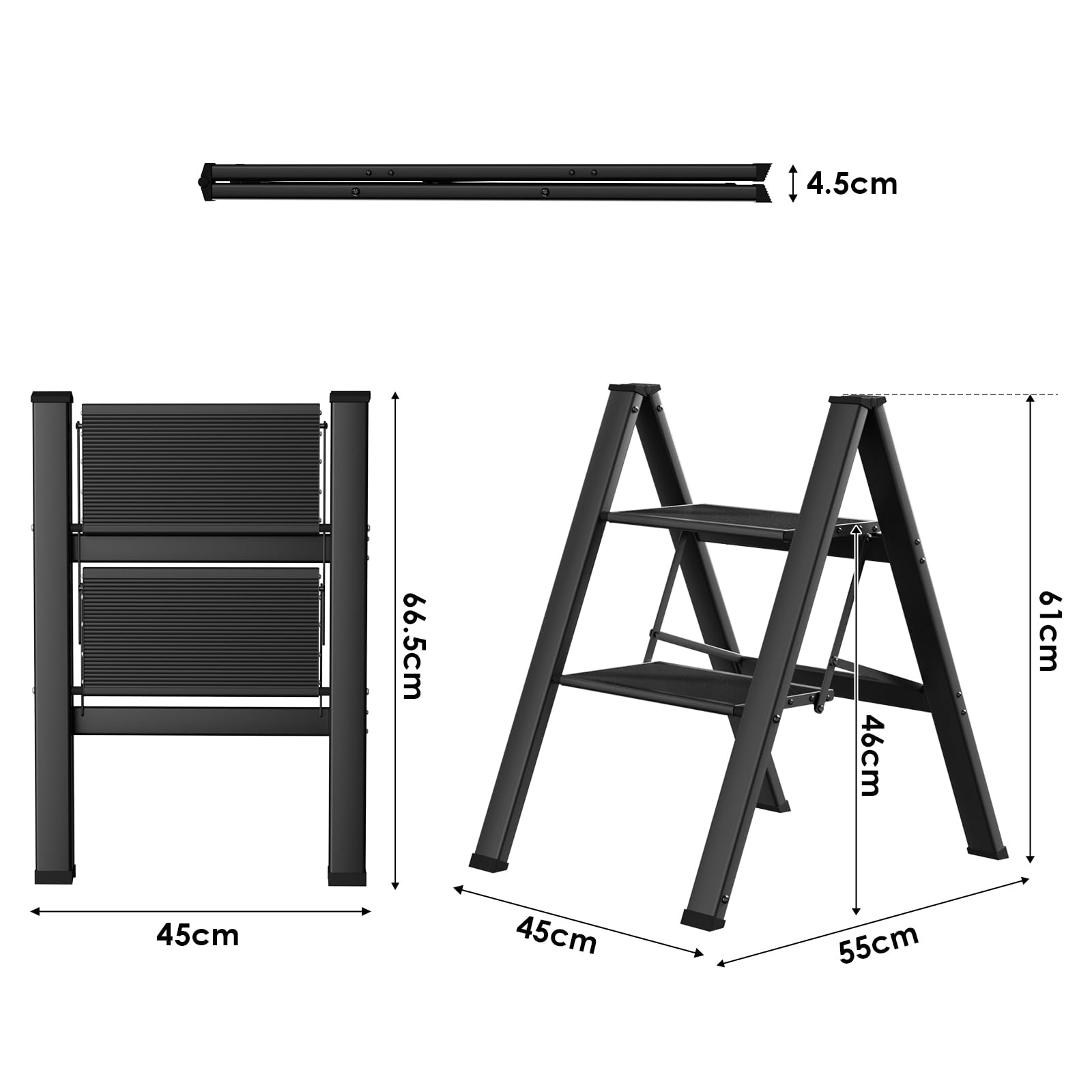 Aluminiowa 2-stopniowa składana drabina antypoślizgowa przenośna drabina do domu, lekka drabina, nośność do 150 kg, używana w kuchni, domu, biurze (czarny)
