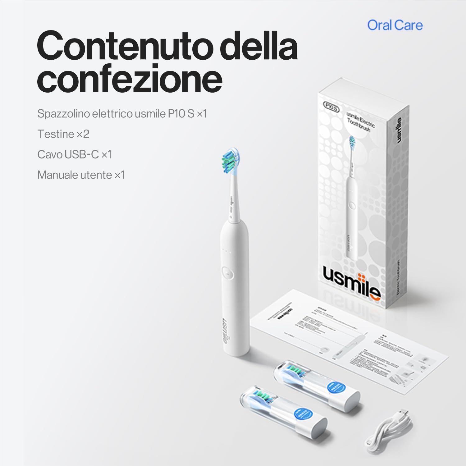 usmile P10S Spazzolino Elettrico Sonico, Batteria 180 Giorni | 3 Modalità Pulizia Profonda & Sbiancante,Testina Morbida per Gengive Denti Sensibili, Timer Intelligente, 2 Testine Bianco