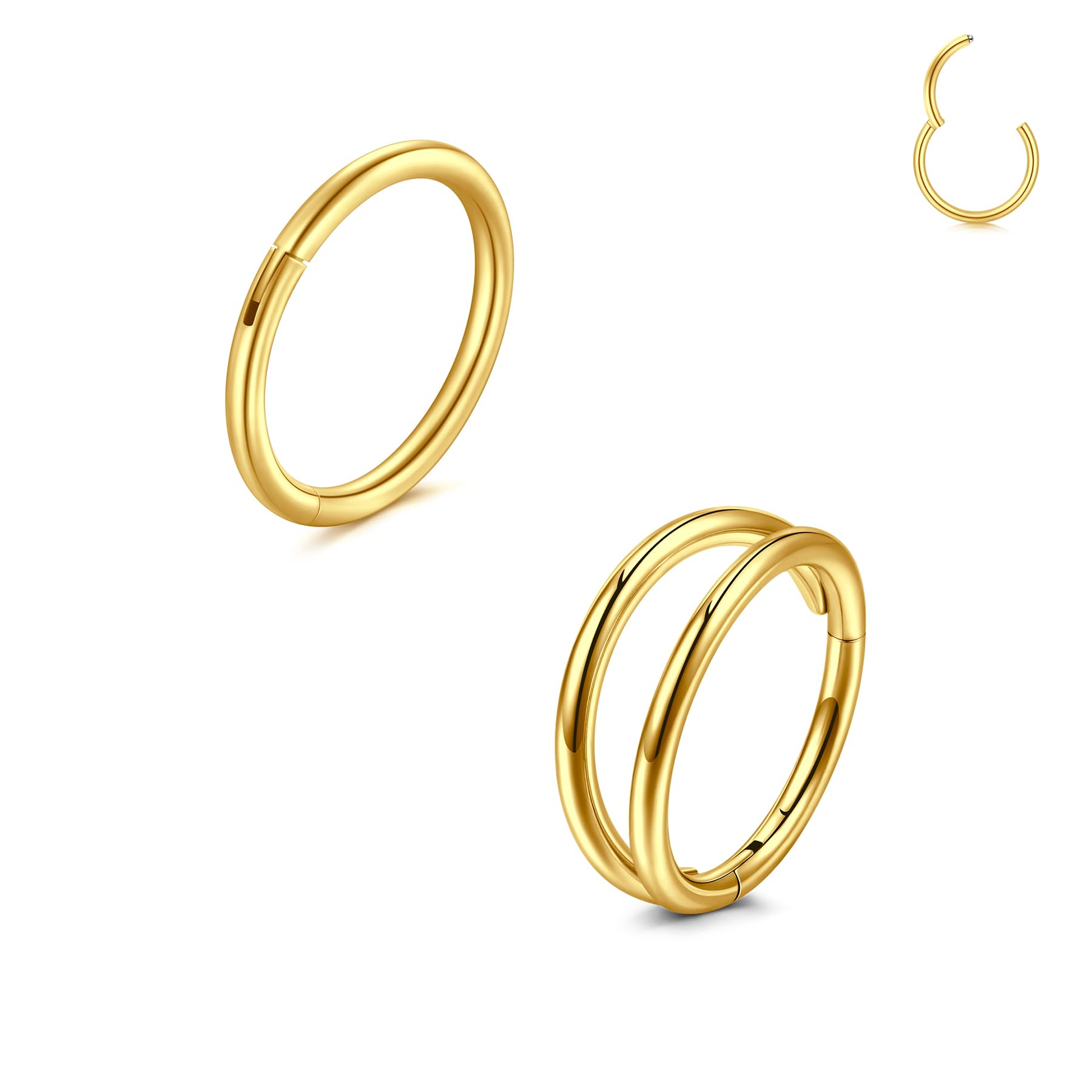 LAURITAMI 2 Stück Nasenpiercing Ring Chirurgenstahl 20G Dünn Doppelter Nasenpiercing Ring Gold, Septum Clicker Ring, 6mm Helix Conch Knorpel Tragus Nasenpiercing Schmuck