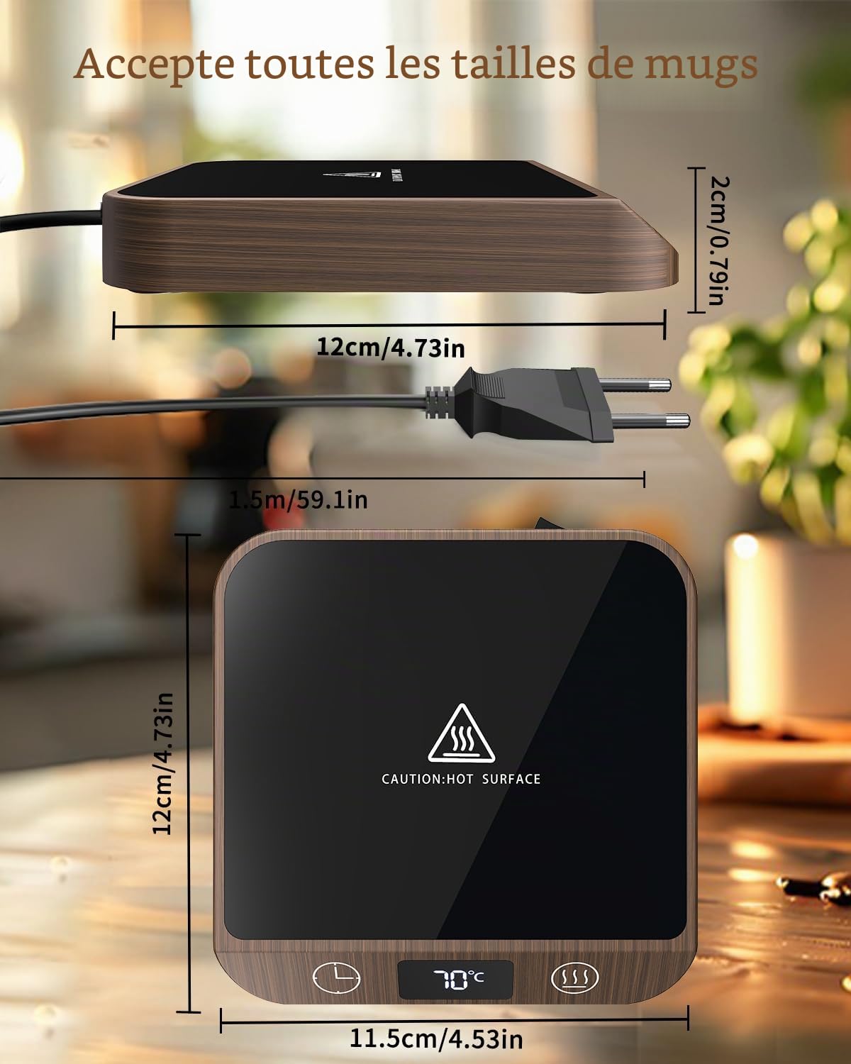 MYMULIKE Chauffe-tasse à café, chauffe-tasse pour bureau, avec 6 températures (45 ℃ à 70 ℃ avec écran LED, chauffe-tasse et minuterie de 1 à 12 heures, pour voiture, café, thé, lait, chauffe-bougie
