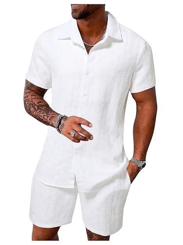 RoseSeek Men's 2 Piece Beach Outfits Button Down Linen Shirt and Short Set | Summer Outfits, Casual Vacation Wear, White Linen Short Sets, Cruise Outfits for Men - Large - White