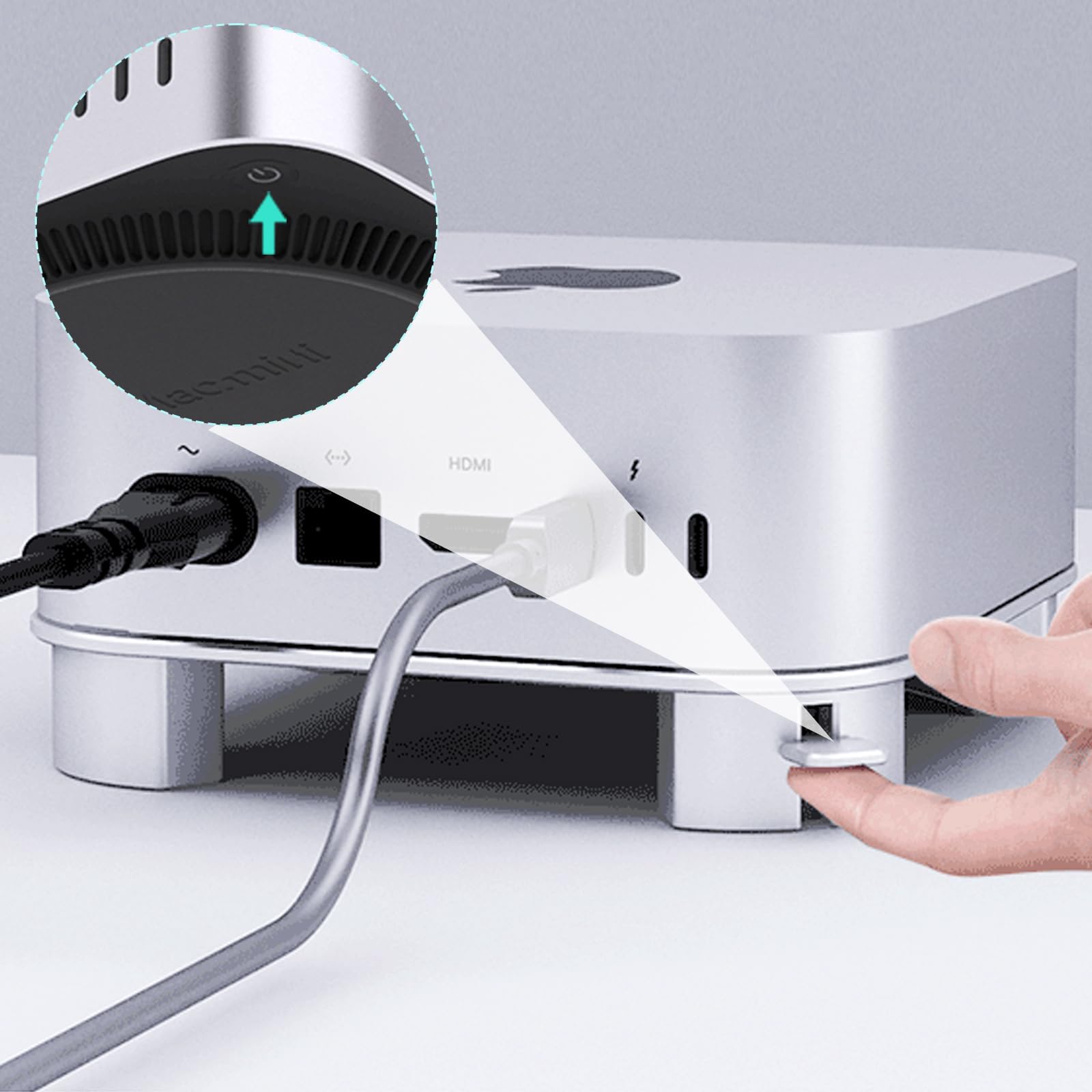 Supporto in alluminio per Mac mini M4/M4 Pro, con pulsante di accensione facile da raggiungere, ventilazione migliorata e dissipazione del calore, design antiscivolo stabile per un lavoro sicuro ed