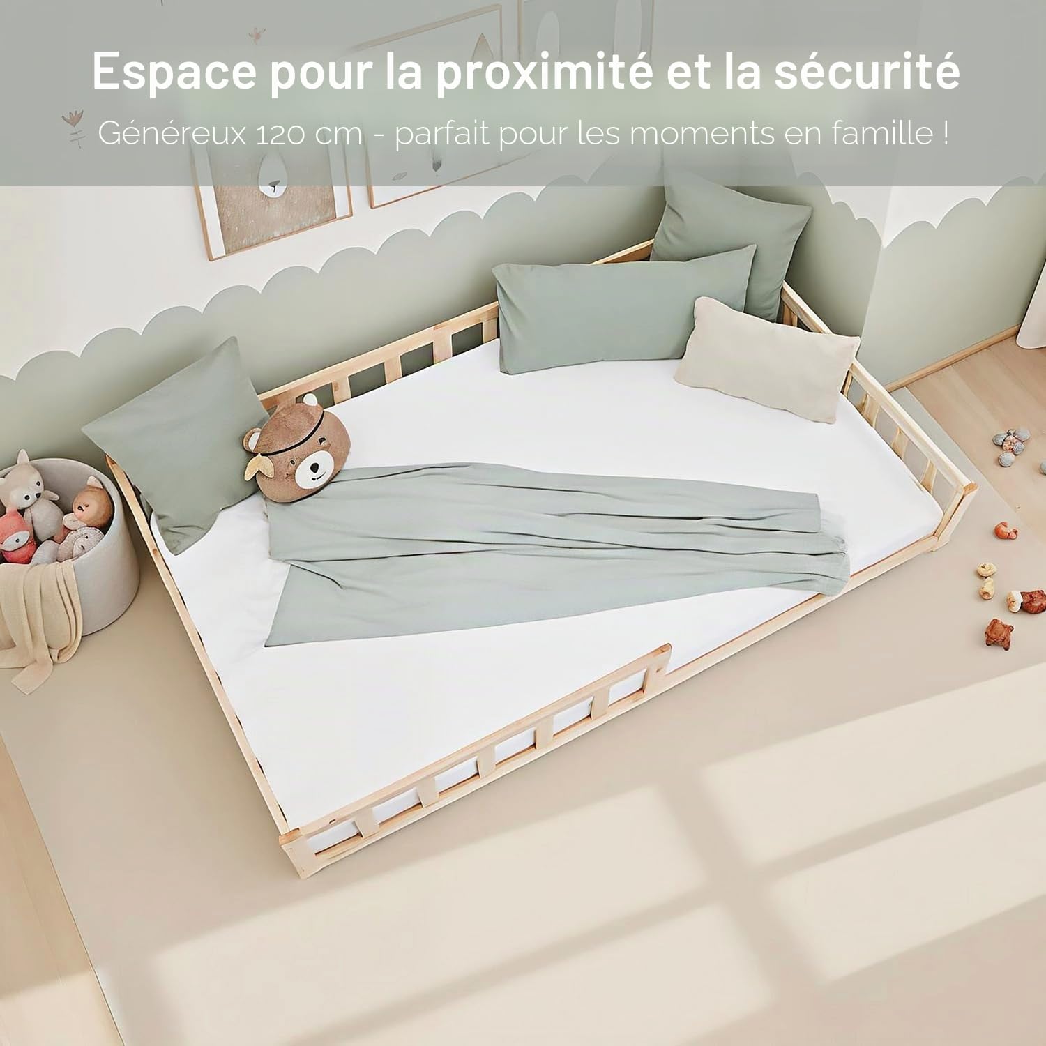 Homestyle4u Lit de sol, 120 x 200 cm, naturel, Montessori en bois, pour enfant, avec protection anti-chute, sommier à lattes