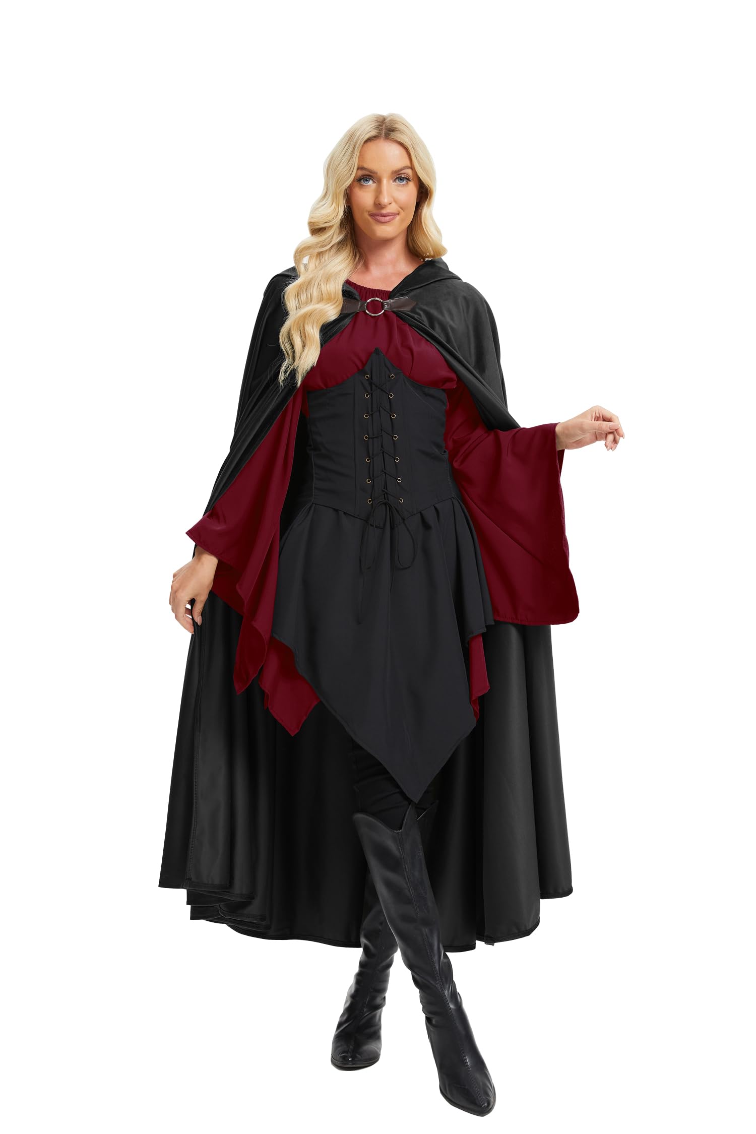 RongXuan Halloween Costume Renaissance Cape with Hood Costume Velvet Coat for Men Women Victorian Steampunk Medieval Cosplay Cape (Black - Image 2