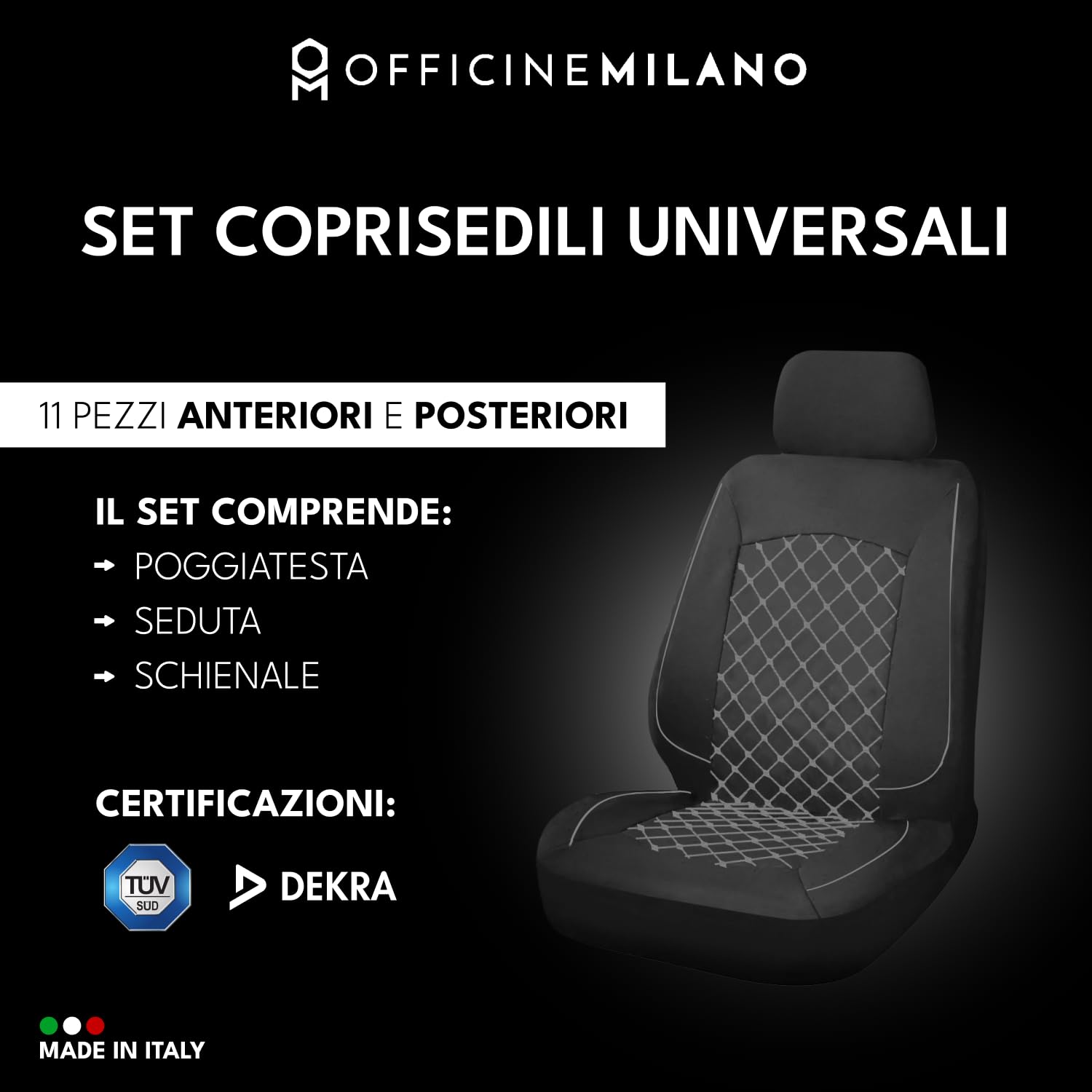 OFFICINE MILANO Coprisedili Auto Universali 11 Pezzi Antiscivolo Elasticizzato Trapuntato Poliestere