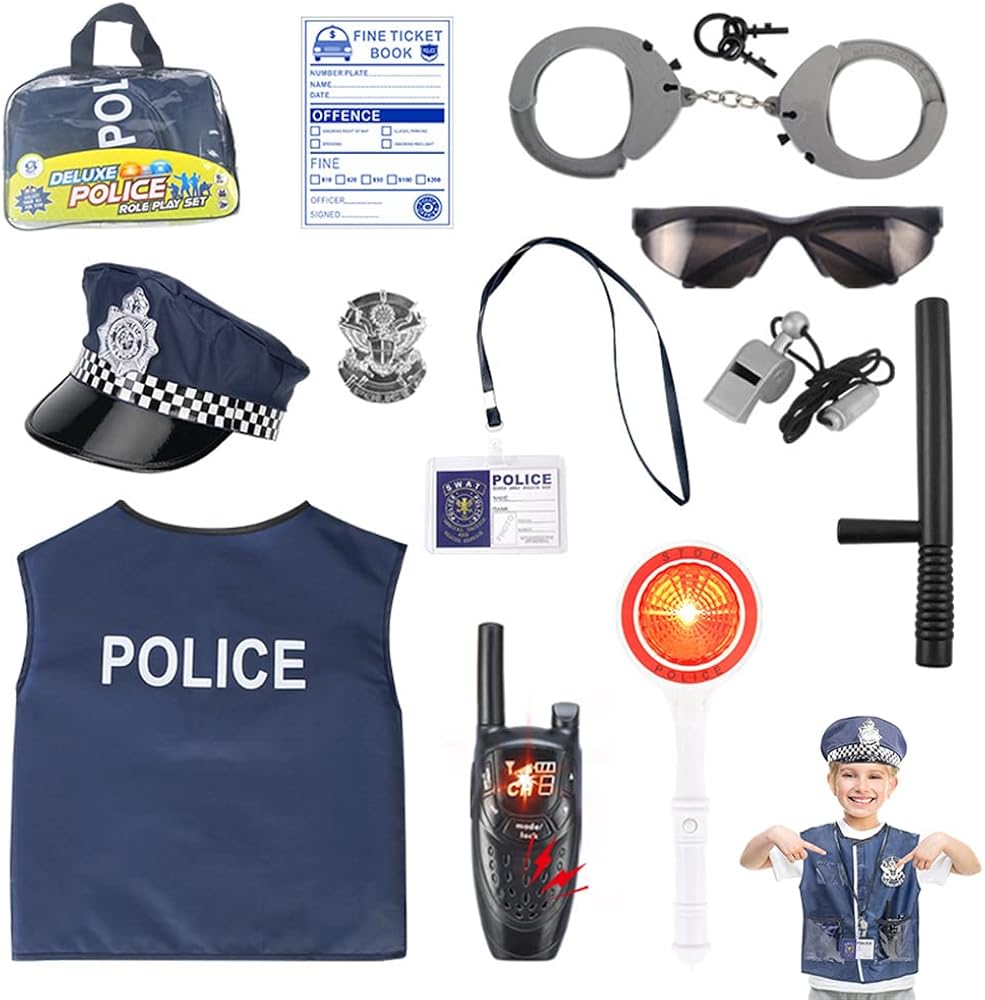 LUFEIS Disfraz Policia Niño, Disfraces de Policía, Accesorios Policia Niño, Policía Chaleco Policía Esposas, Placa Imitación Conjunto de Policía Juguete Juego Infantil para Cosplay de Carnaval
