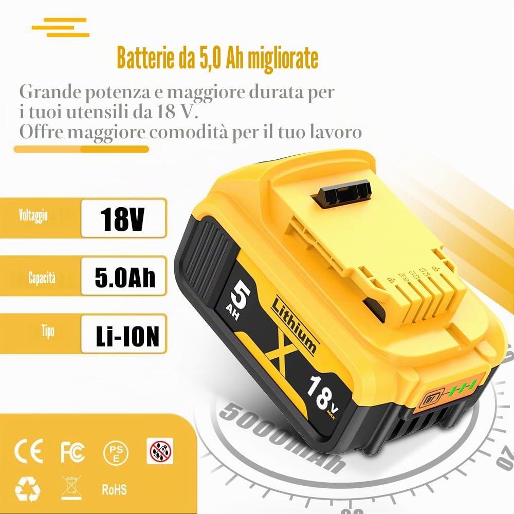 2 pezzi 5000mAh DCB182 batteria di ricambio per Dewalt 18V, 5 Ah di ricambio per batterie Dewalt DCB200 DCB184 DCB101 DCB107 DCB112 DCB105 DCB115 DCB203 con LED per utensili