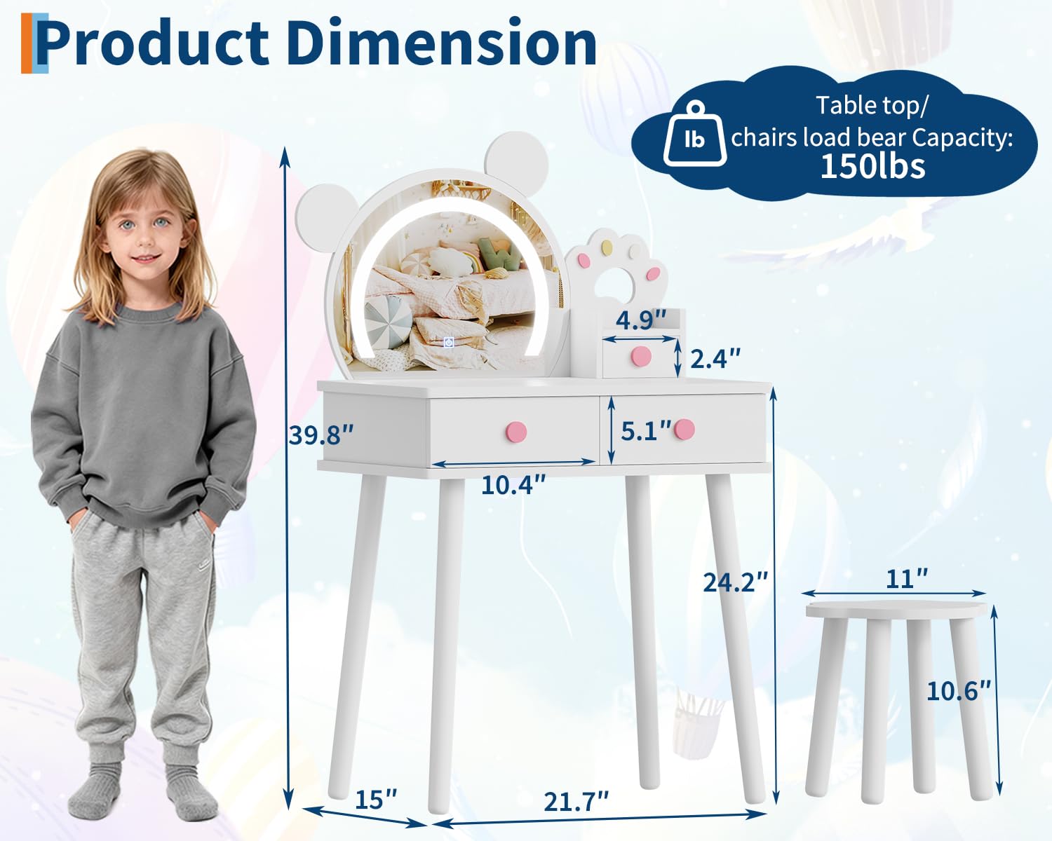 Garvee Ensemble de coiffeuse pour enfants avec lumières, bureau de maquillage en forme d'ours avec miroir et tabouret, table de maquillage princesse en bois pour chambre à coucher, ensemble de