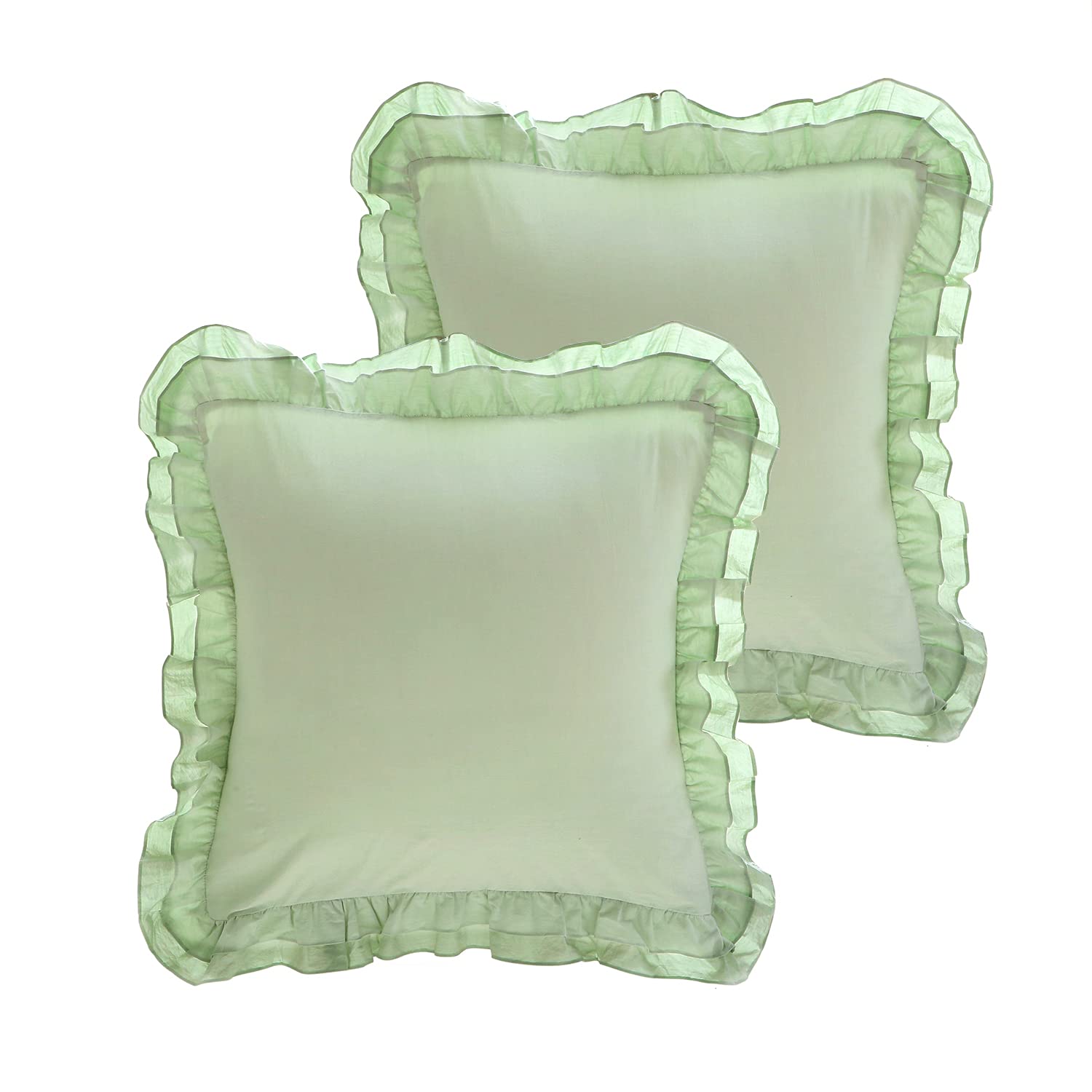 Sage Green Ruffle Euro Pillow Shams 26x26 Set of 2, Washed Cotton Shabby and Chic French Cottage Farmhouse Boho Bed Pillow Covers(Sage Green, 26x26 inches)
