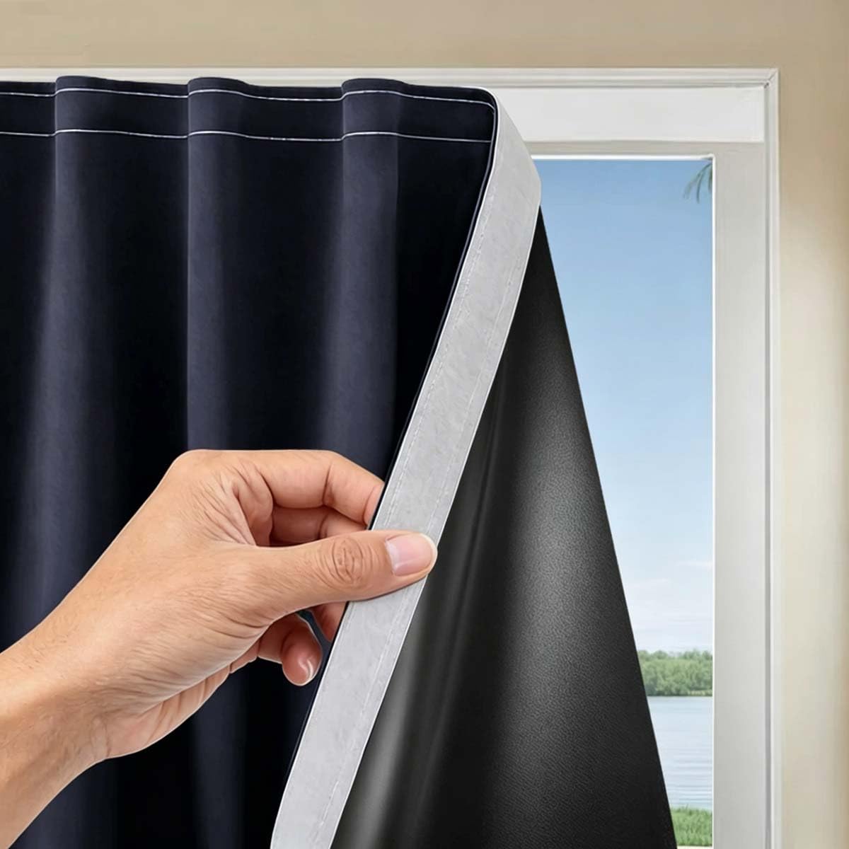100% Blackout Blind, Self Adhesive Curtains Portable Blackout Blind for Windows Living Room Bedroom Nursery Loft RV Car, Hook & Loop Strip, No Drilling (90W x 100H cm,Navy)